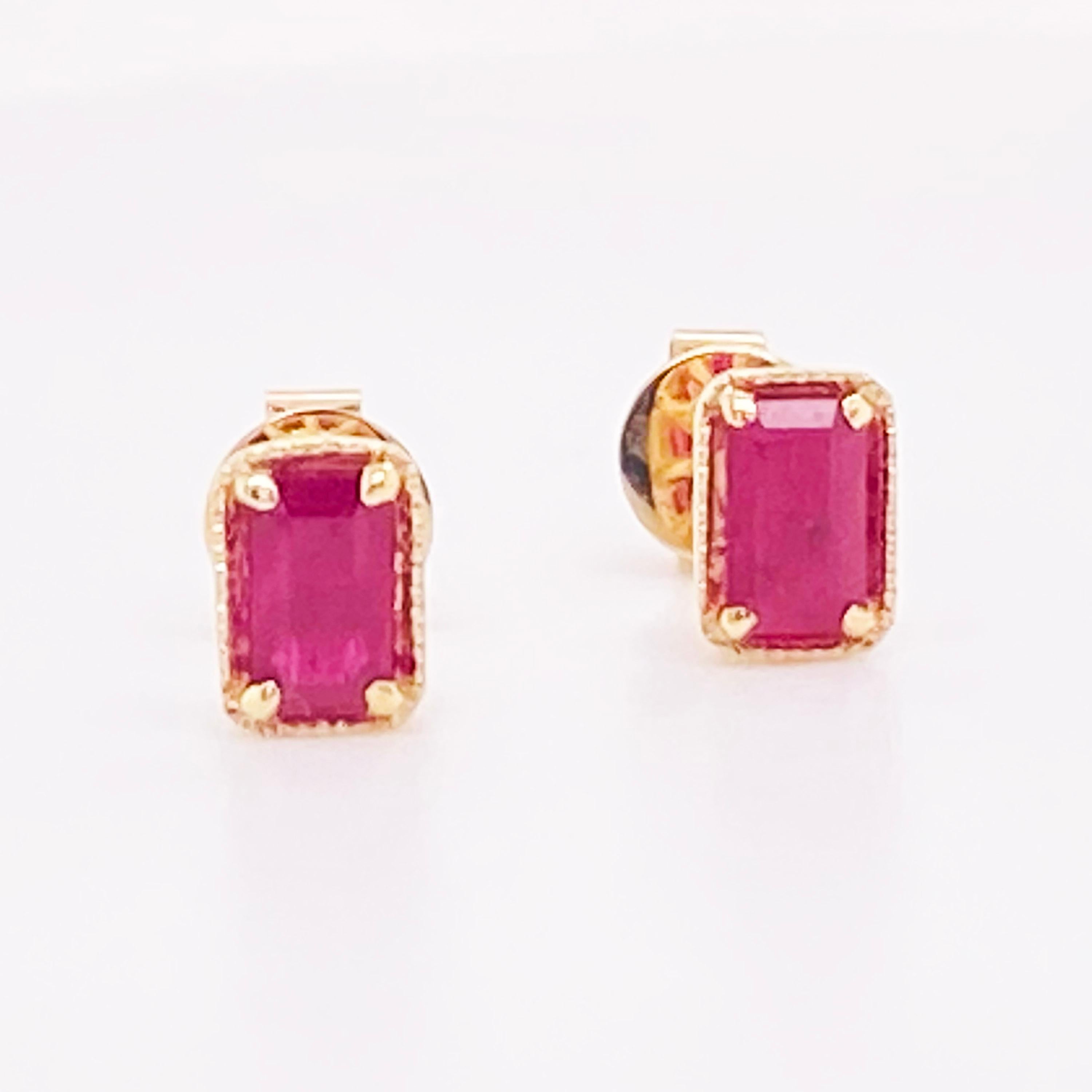 Geometric Ruby Earrings 14K Gold .55 Carat Emerald Cut Ruby in Stud Style, July In New Condition For Sale In Austin, TX