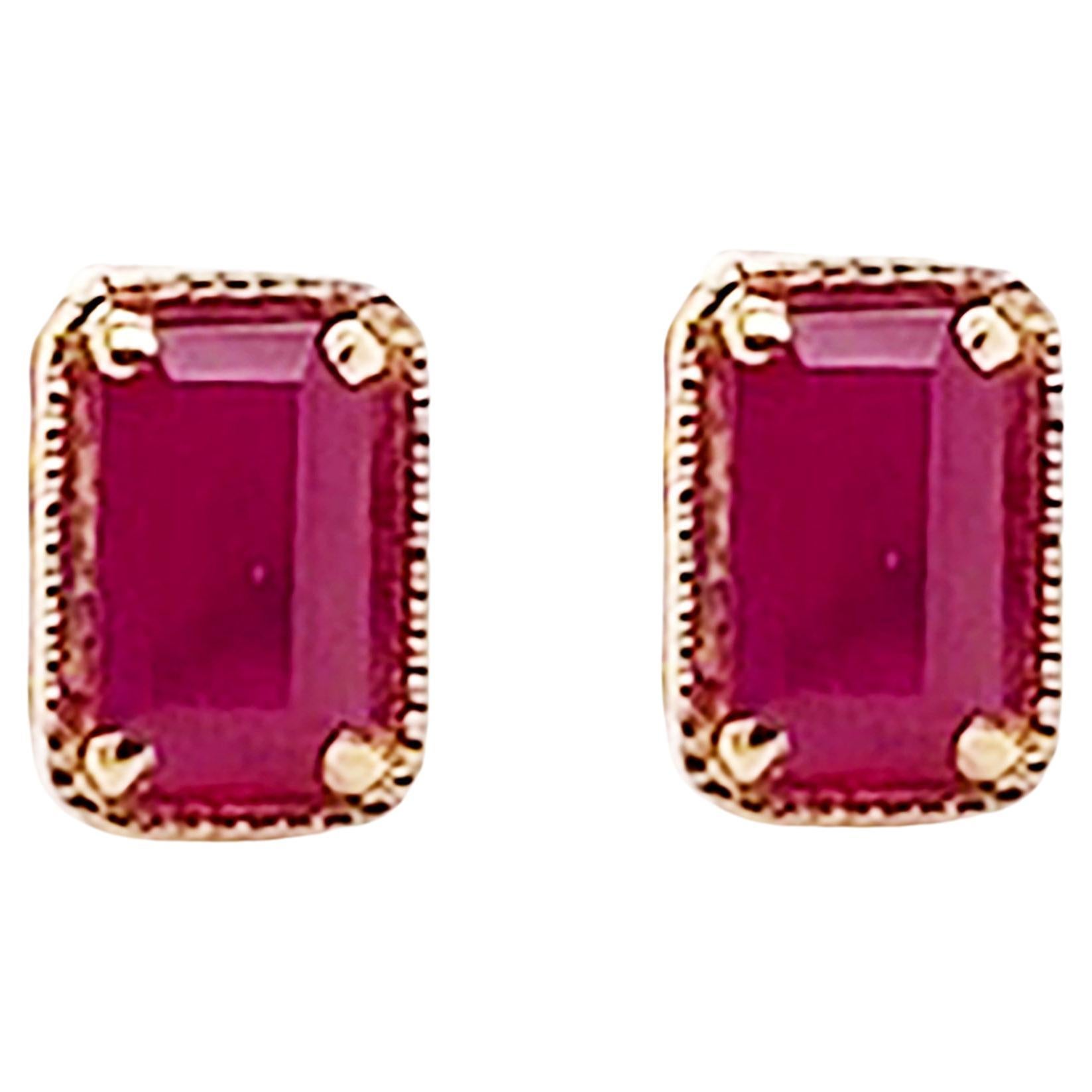 Geometric Ruby Earrings 14K Gold .55 Carat Emerald Cut Ruby in Stud Style, July For Sale