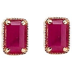 Geometric Ruby Earrings 14K Gold .55 Carat Emerald Cut Ruby in Stud Style, July