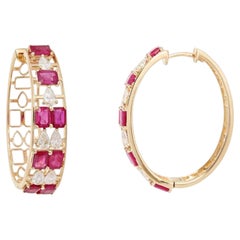 0.94ct Pear Ruby 14K Yellow Gold Diamond Hoop Earrings