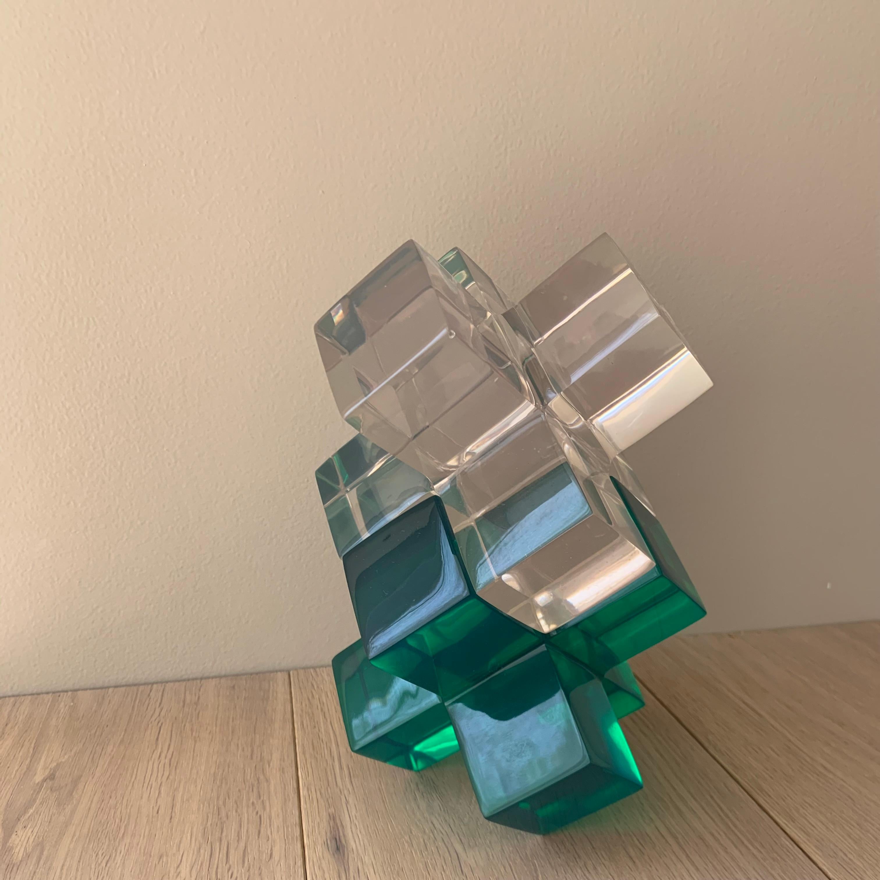 Modern Geometric Sculpture in Polished Emerald Green Resin by Paola Valle For Sale