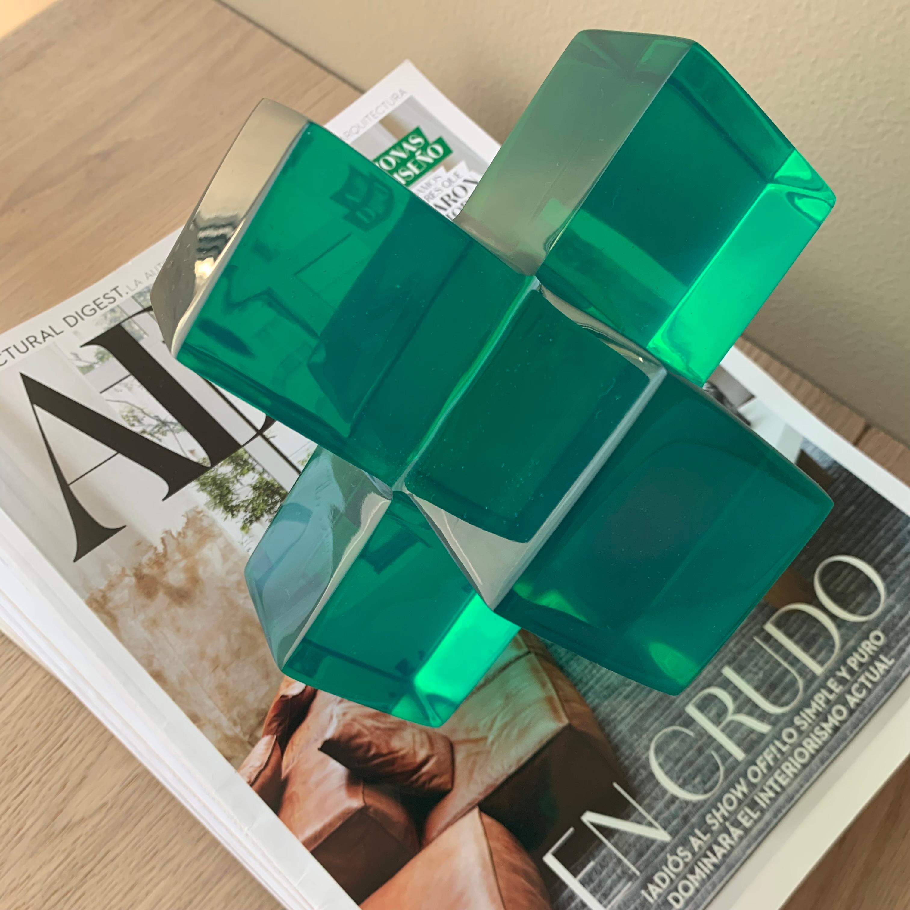 Mexican Geometric Sculpture in Polished Emerald Green Resin by Paola Valle For Sale