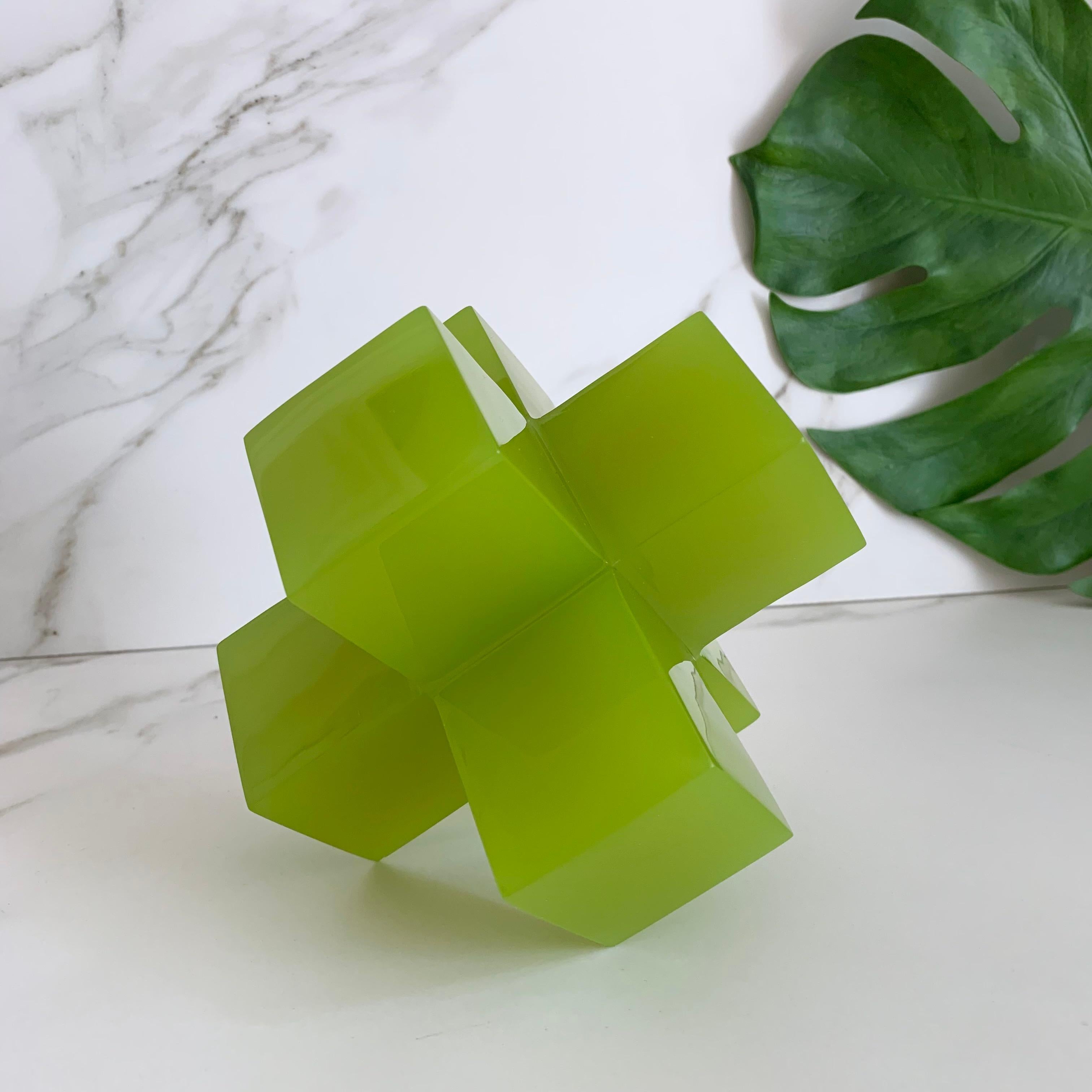 Modern Geometric Sculpture in Polished Lime Green Resin by Paola Valle For Sale