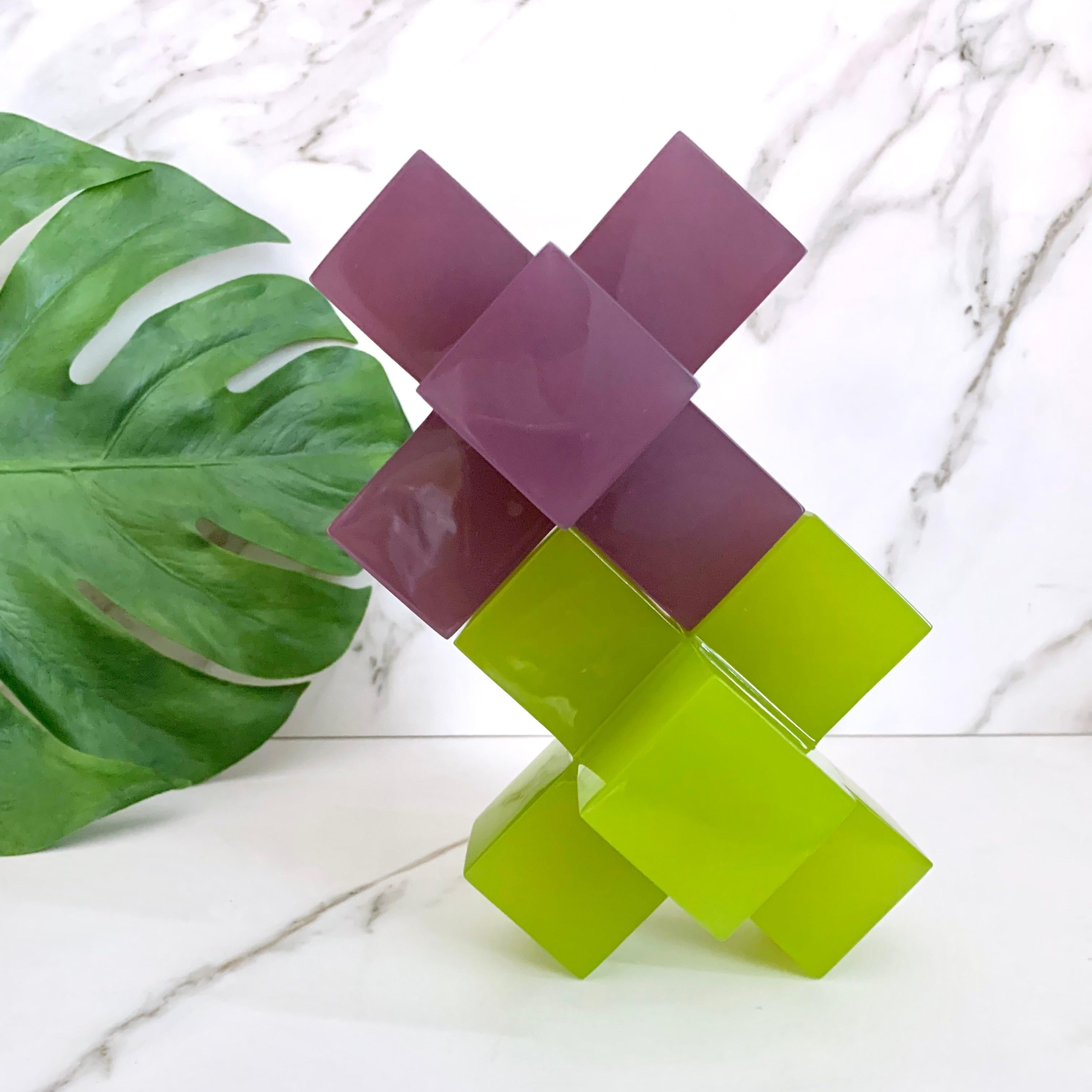 Mexican Geometric Sculpture in Polished Lime Green Resin by Paola Valle For Sale