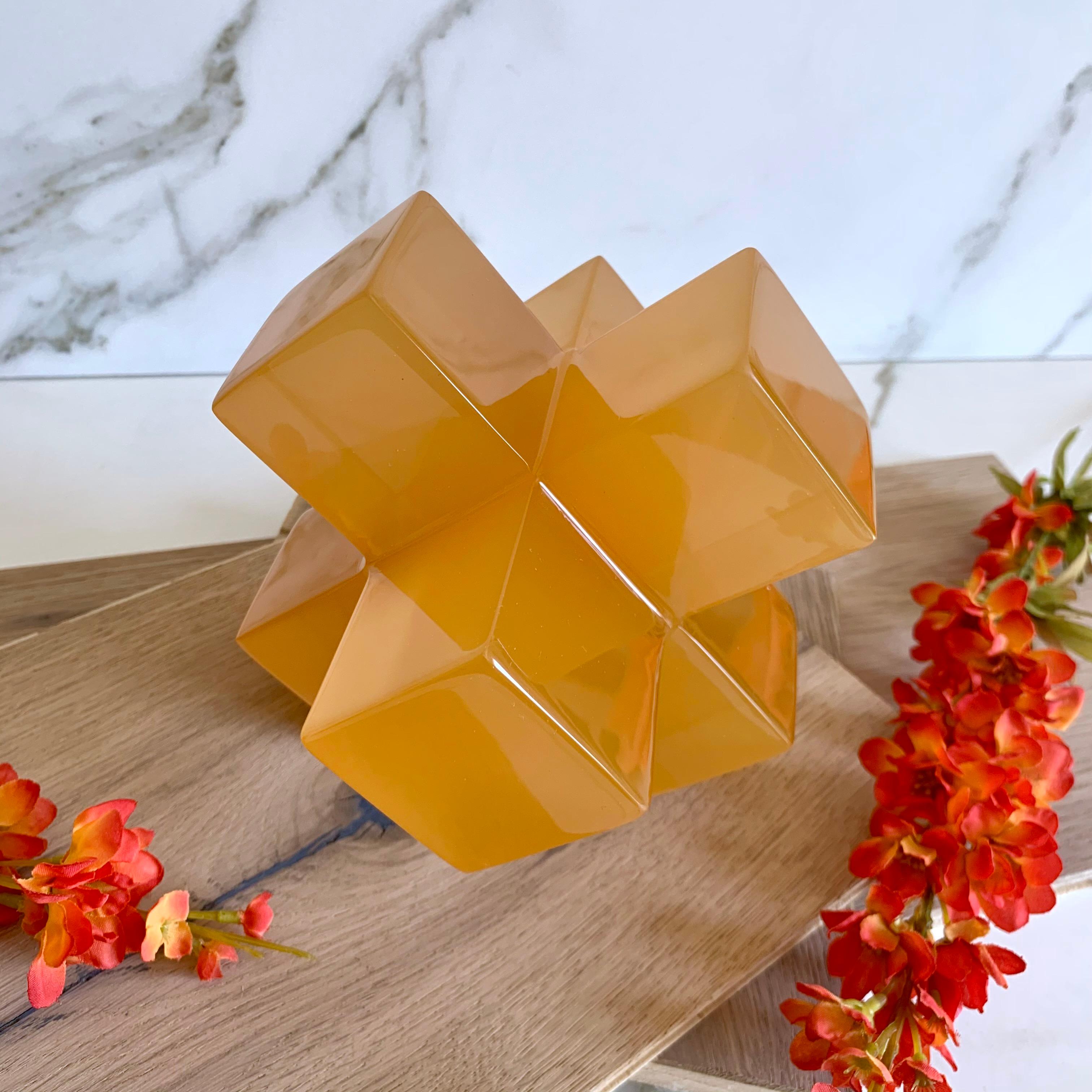 Modern Geometric Sculpture in Polished Orange Resin by Paola Valle For Sale