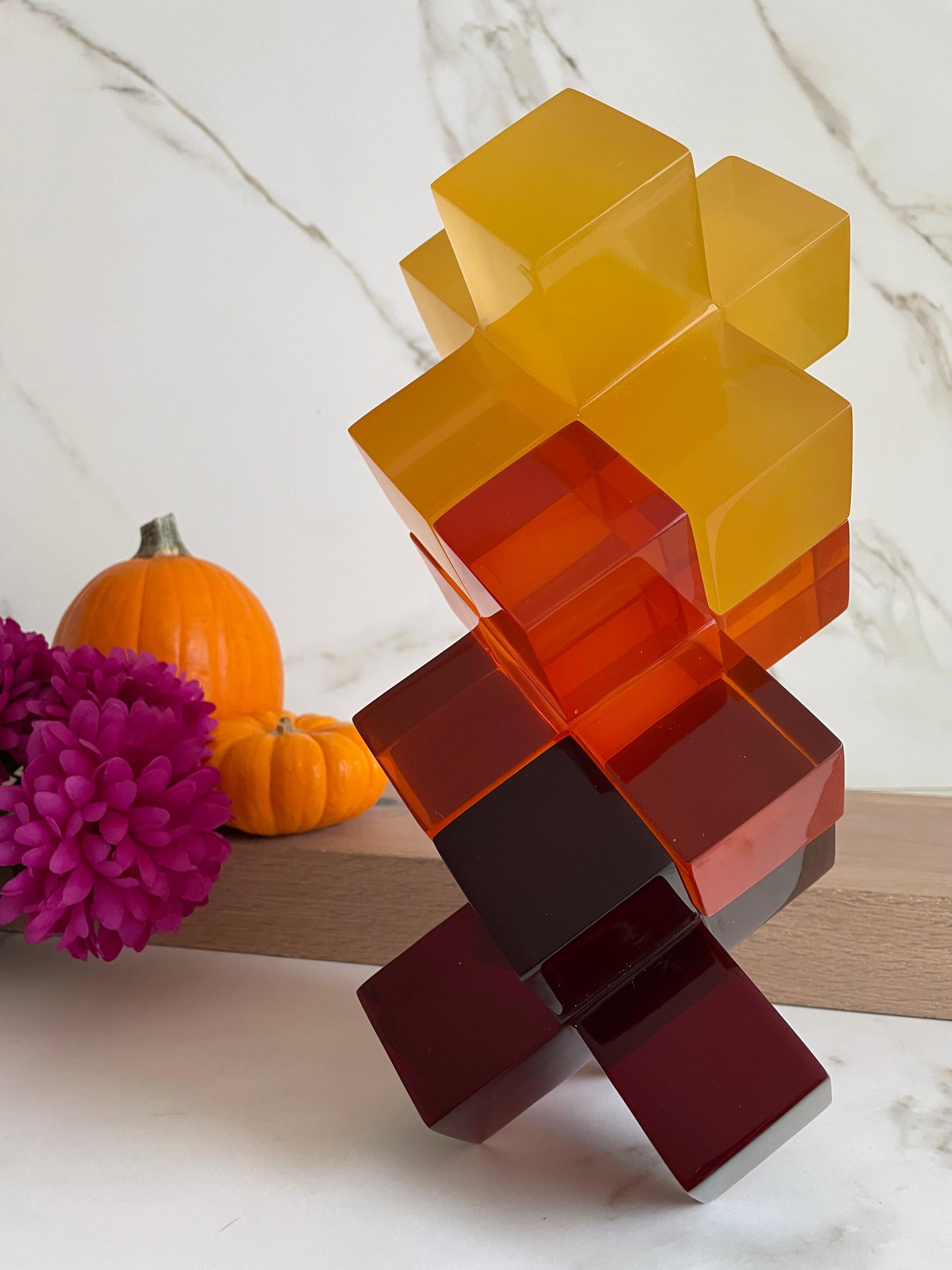 Mexican Geometric Sculpture in Polished Orange Resin by Paola Valle For Sale