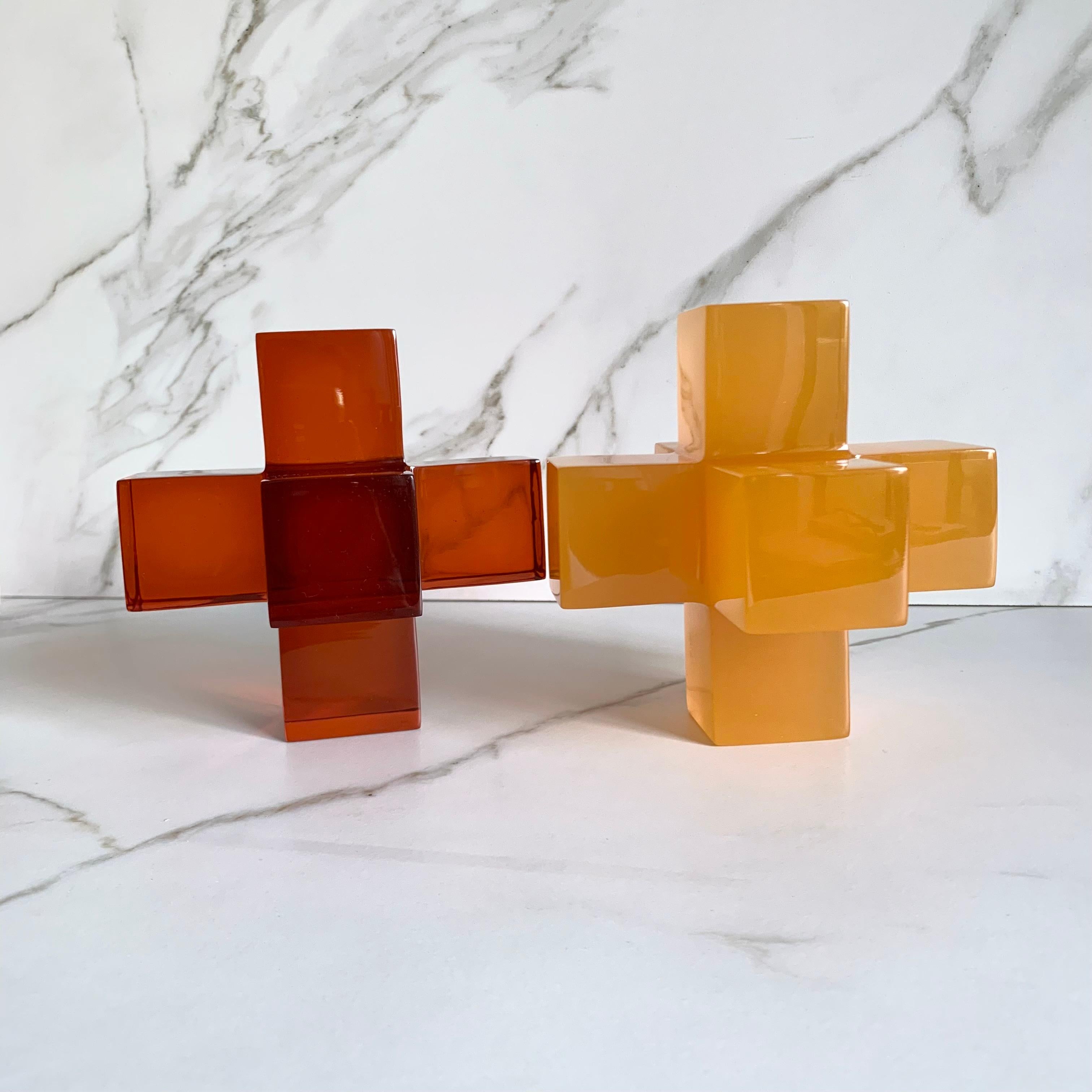 Modern Geometric Sculpture in Polished Tangerine Resin by Paola Valle For Sale
