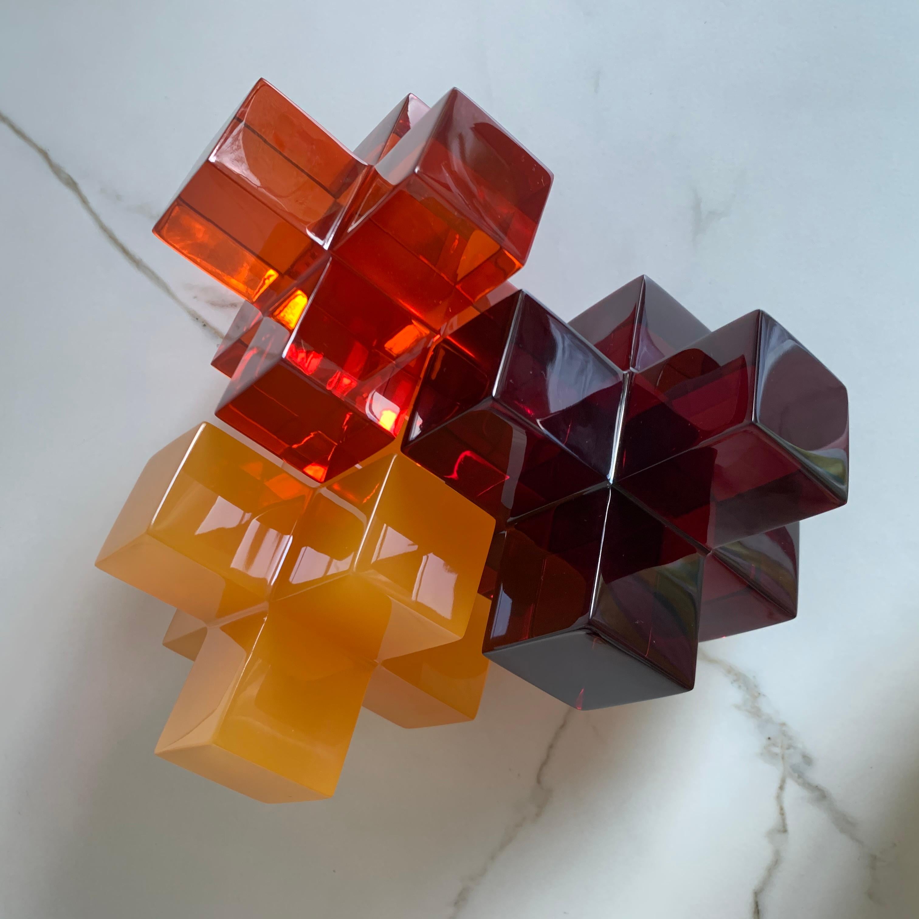 Mexican Geometric Sculpture in Polished Tangerine Resin by Paola Valle For Sale
