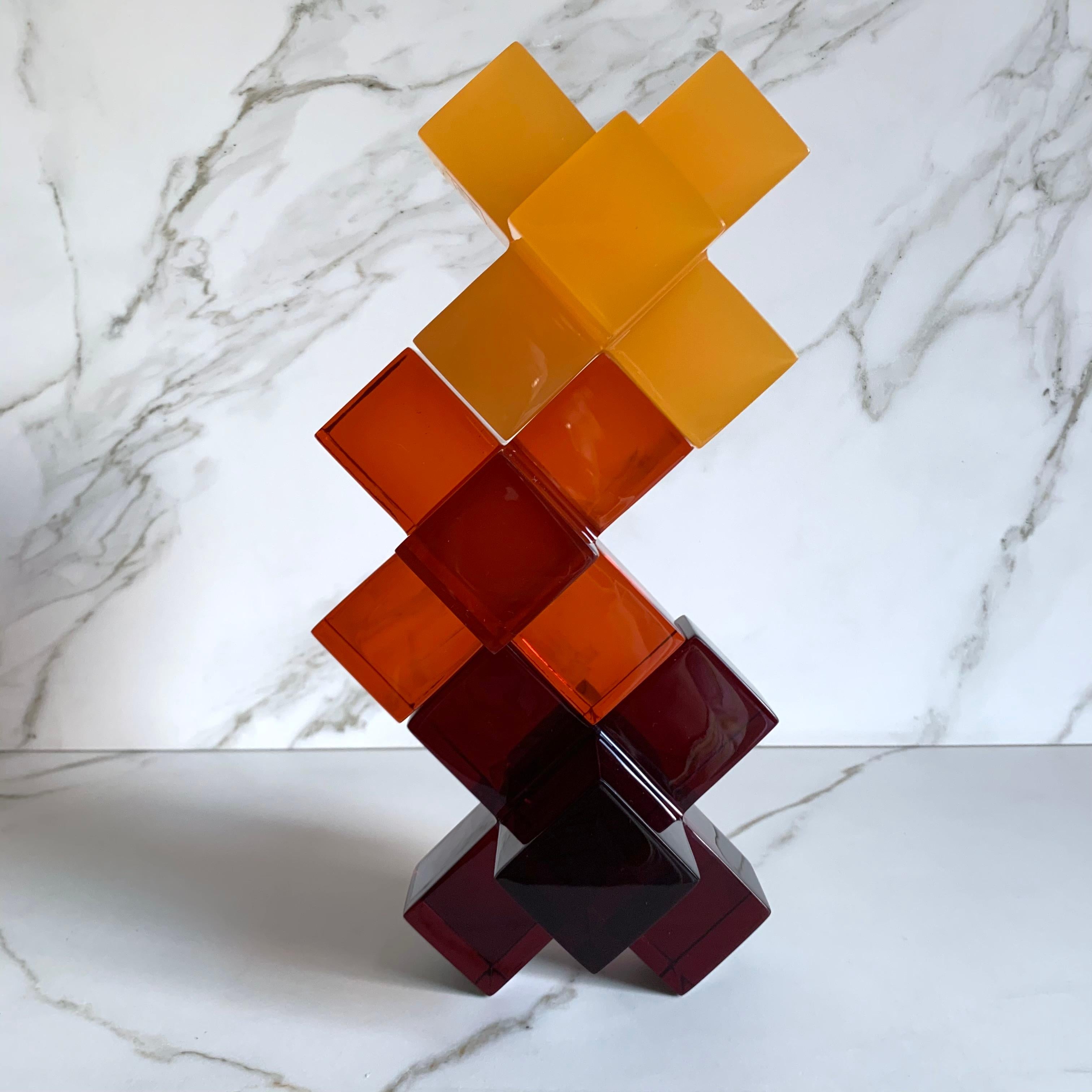 Cast Geometric Sculpture in Polished Tangerine Resin by Paola Valle For Sale