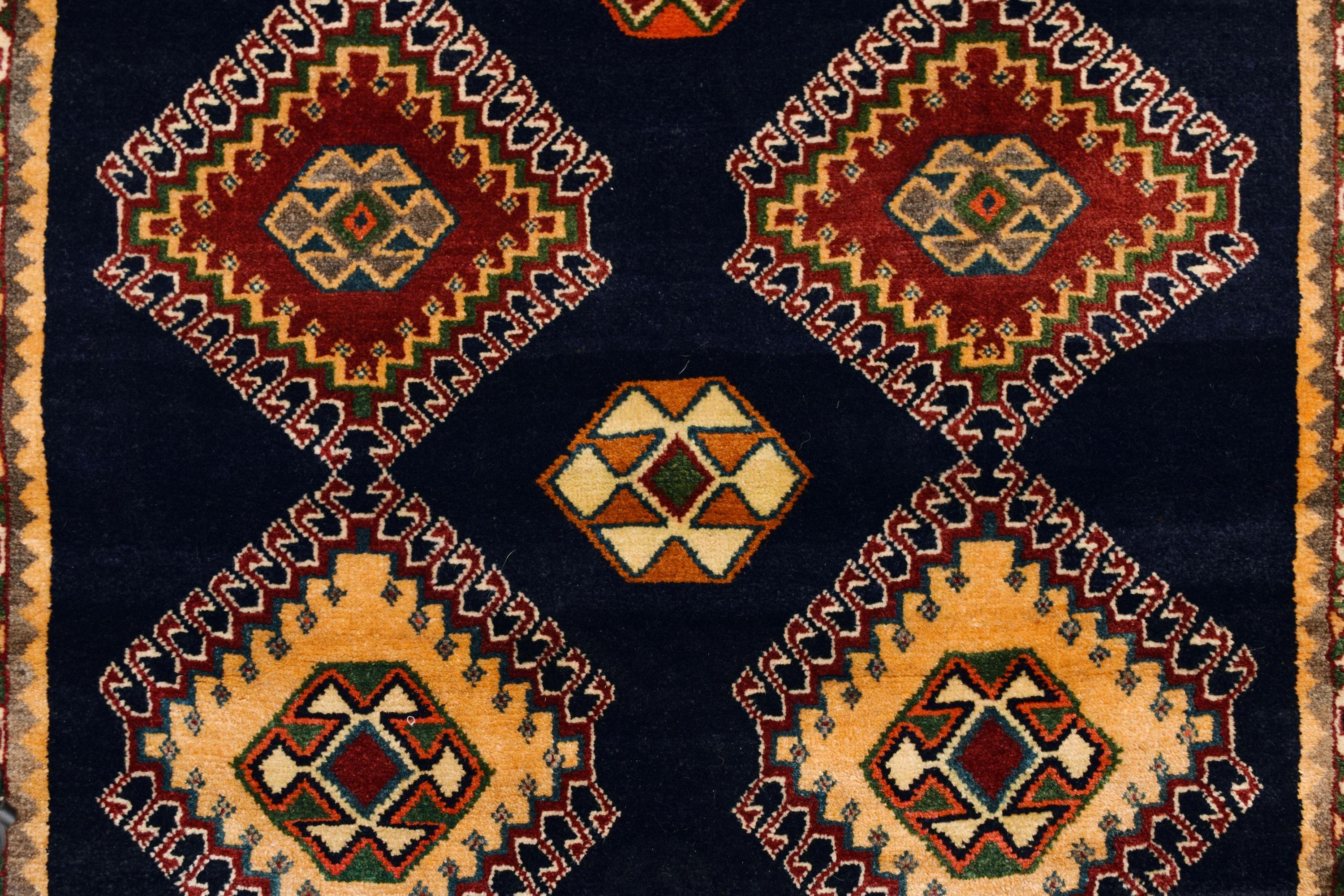 Vegetable Dyed Vintage 1940s Wool Persian Qashqai Tribal Rug, Geometric, 4' x 6' For Sale