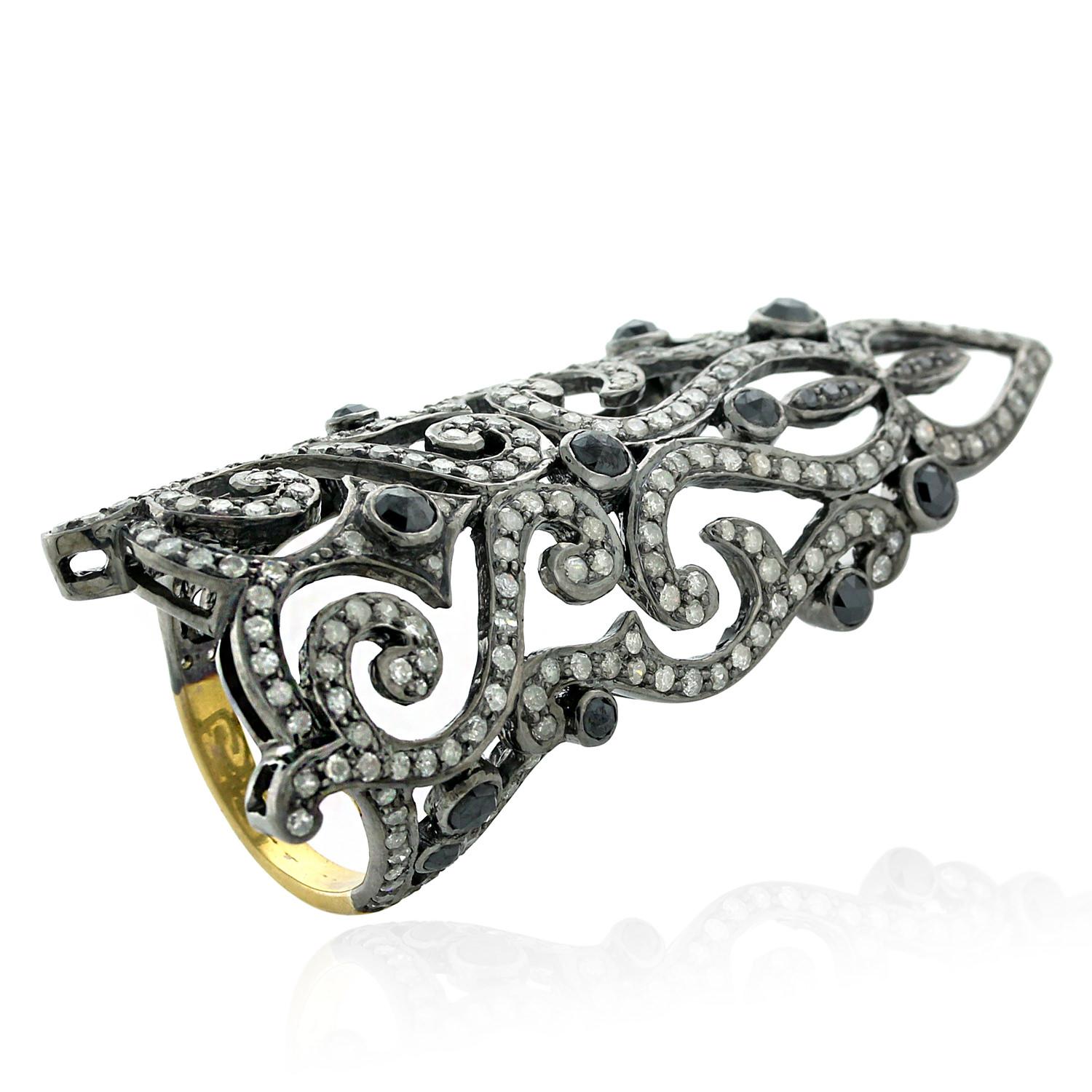 Art Déco Geometric Shaped Pave Diamond Long Ring In 18k Gold & Silver in vendita