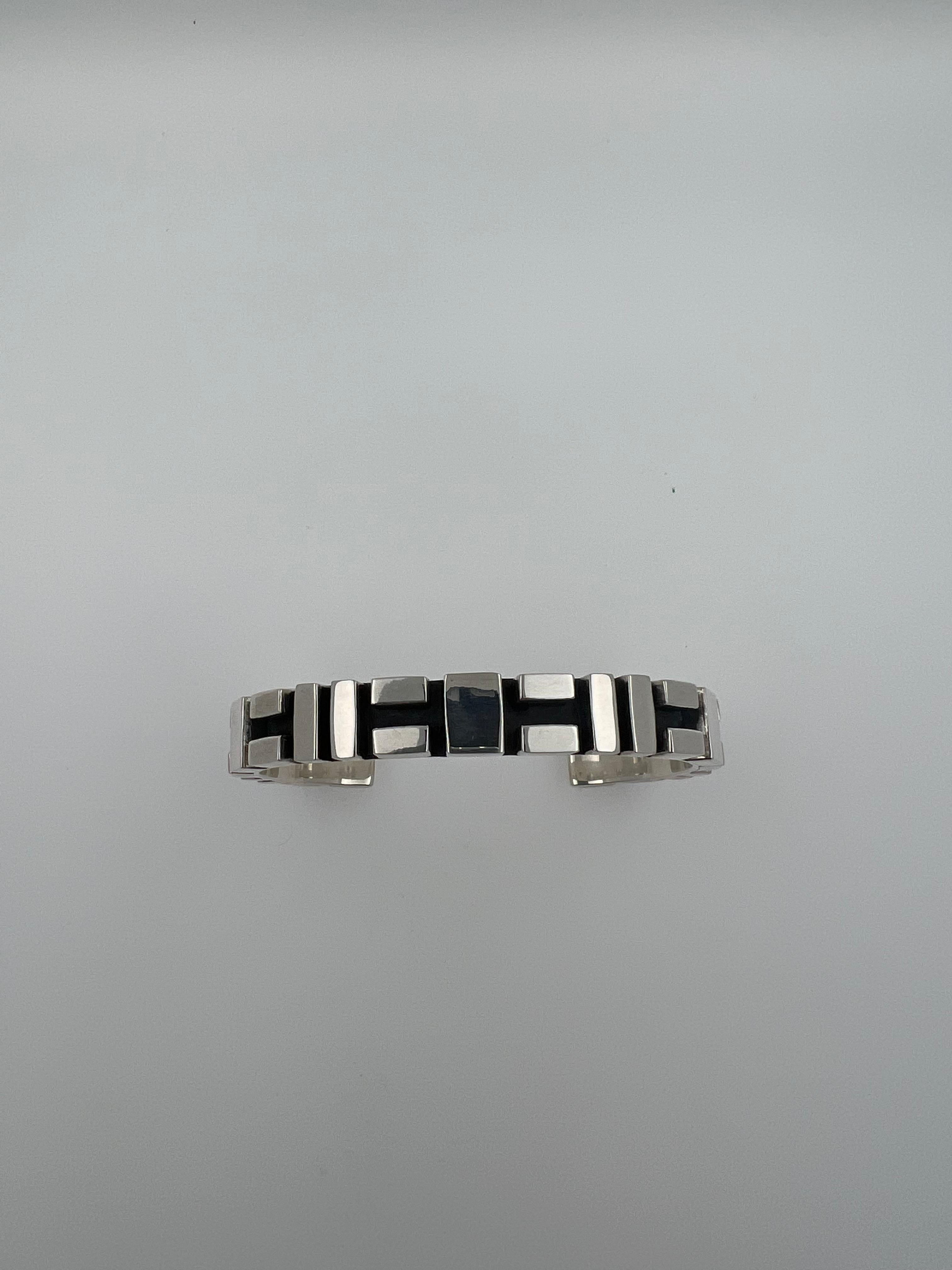 Women's or Men's Geometric Simple Modern Statement 925 Sterling Silver Wide Cuff Bangle Bracelet For Sale