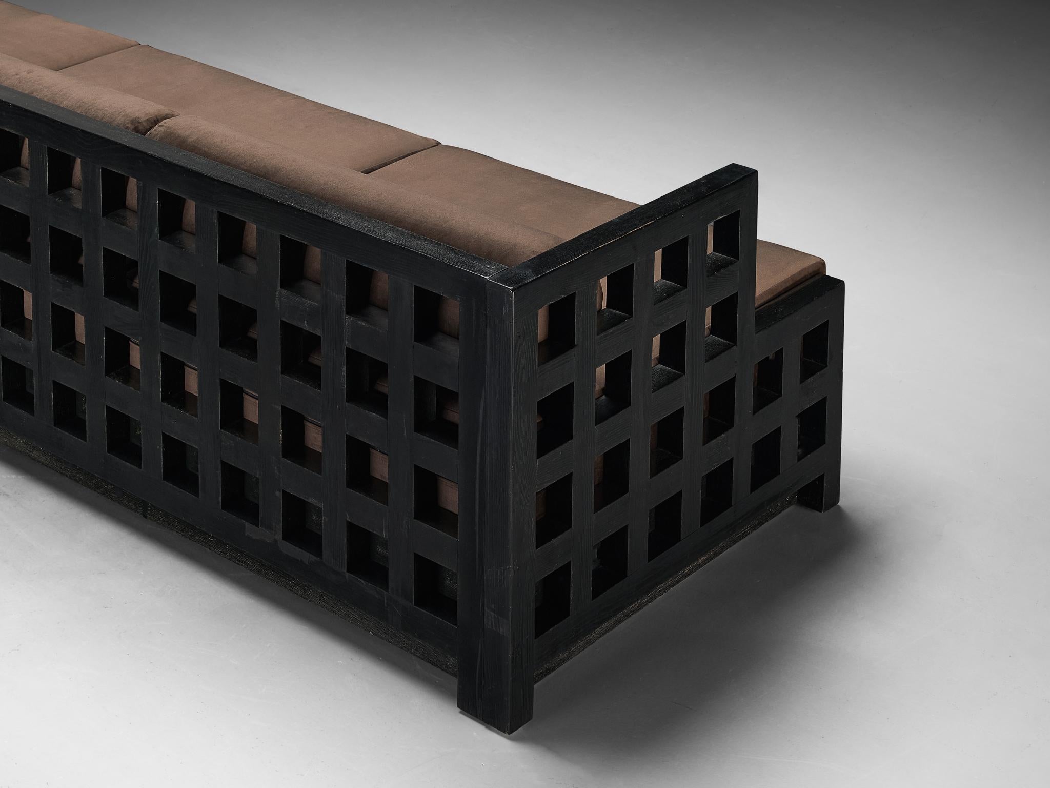 Post-Modern Geometric Sofa with Grid Framework in Black Lacquered Ash For Sale