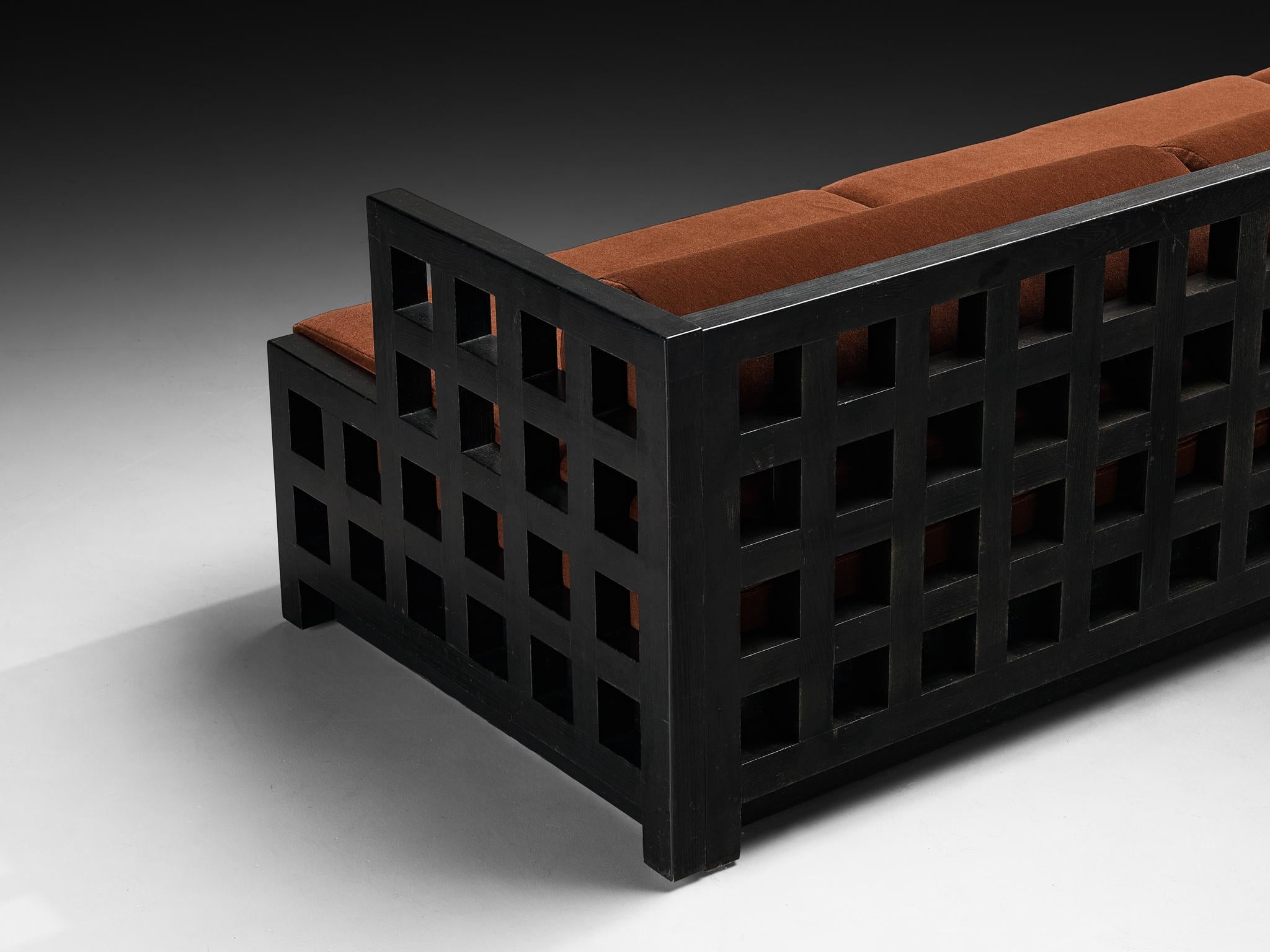 European Geometric Sofa with Grid Framework in Black Lacquered Ash For Sale