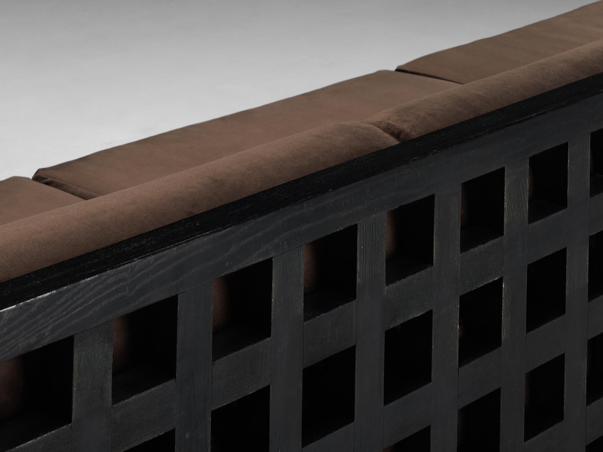 Velvet Geometric Sofa with Grid Framework in Black Lacquered Ash  For Sale