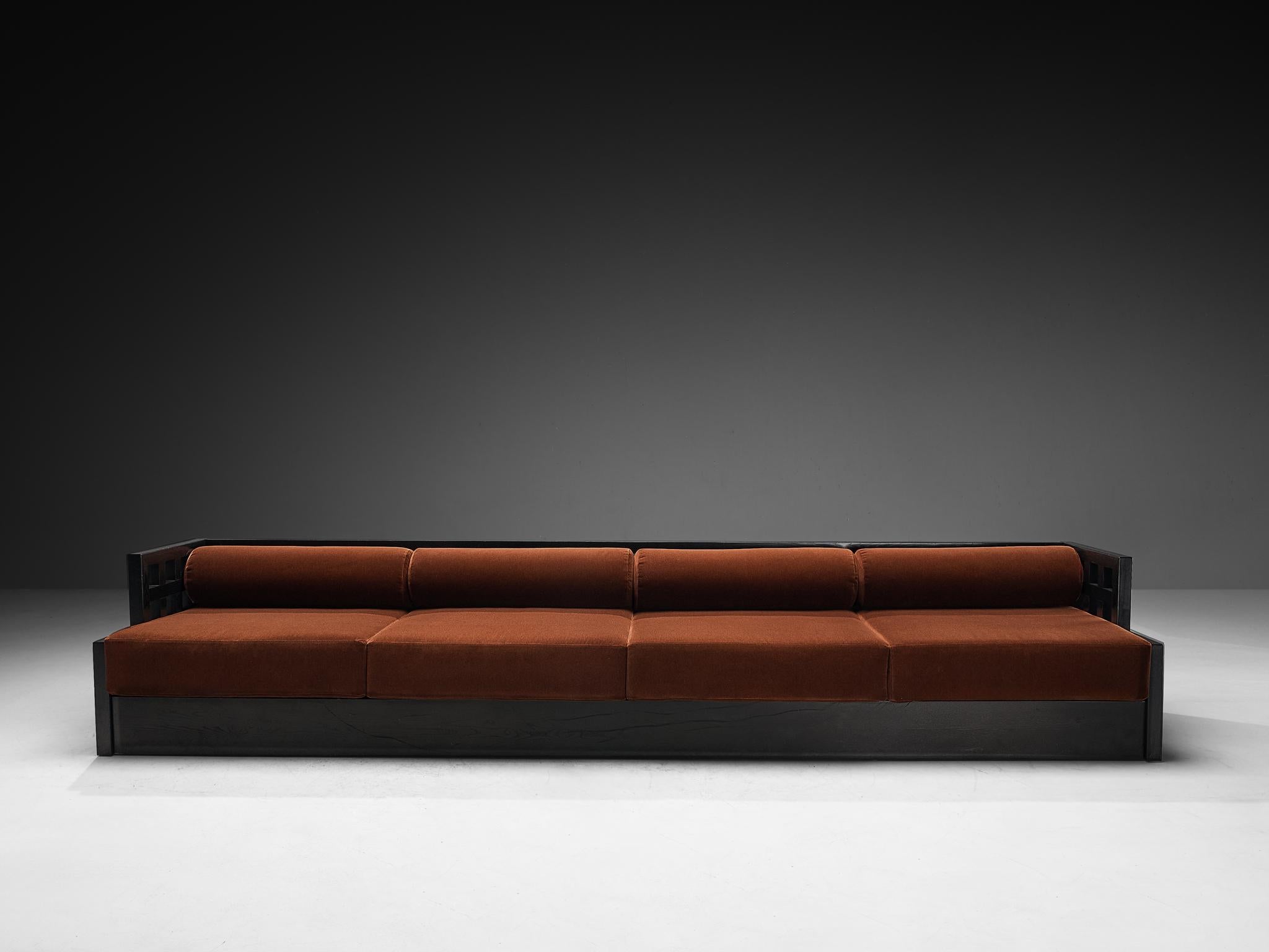 Velvet Geometric Sofa with Grid Framework in Black Lacquered Ash For Sale