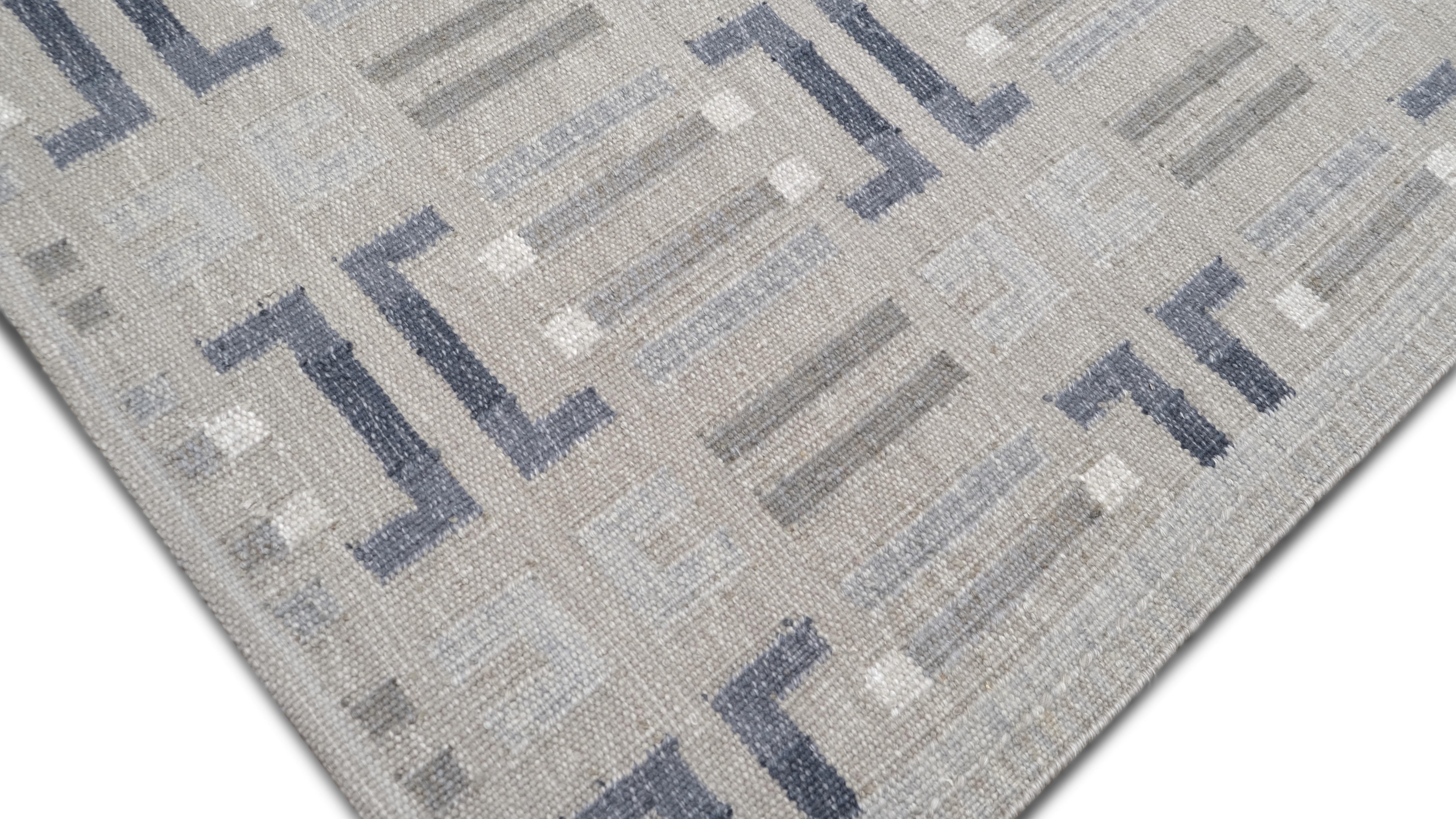 Moderno Tappeto Geometrico in Lana Moderna Grigio e Blu 9'x12' in vendita