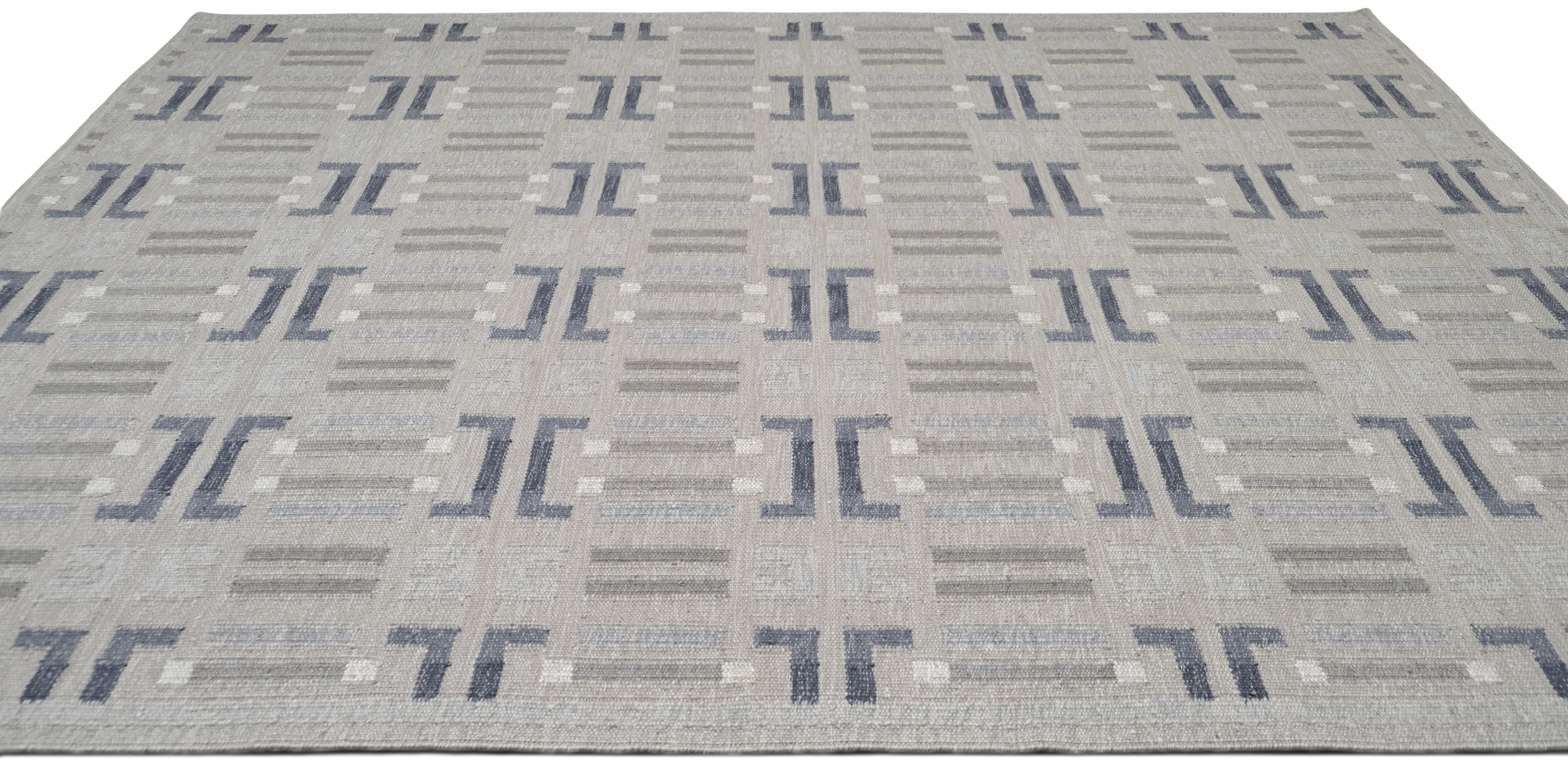 Asiatico Tappeto Geometrico in Lana Moderna Grigio e Blu 9'x12' in vendita