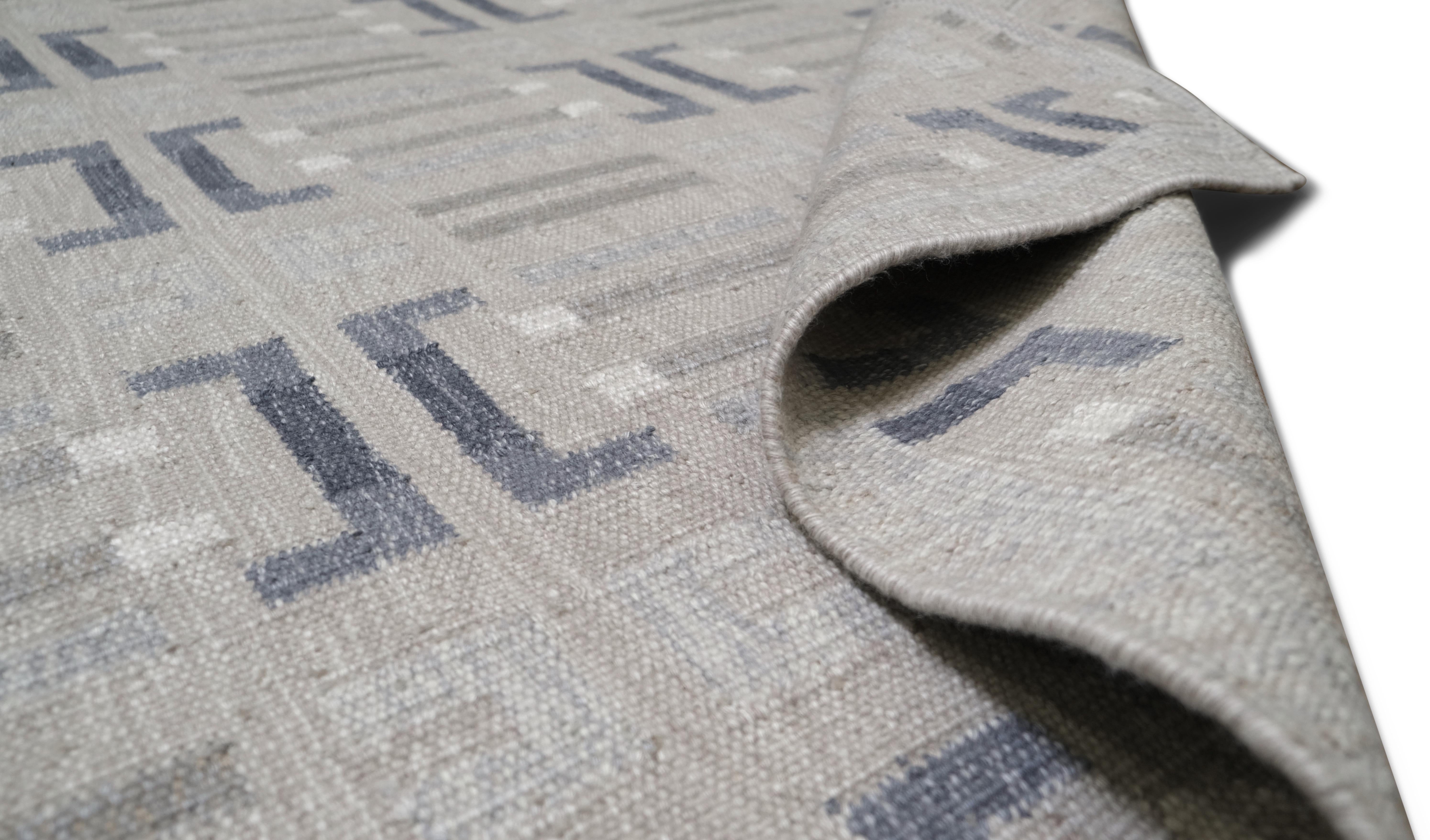 Annodato a mano Tappeto Geometrico in Lana Moderna Grigio e Blu 9'x12' in vendita