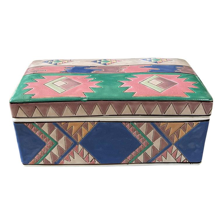 Native American Geometric Southwest Rectangular Ceramic Box with Lid in Pink Blue and Green For Sale