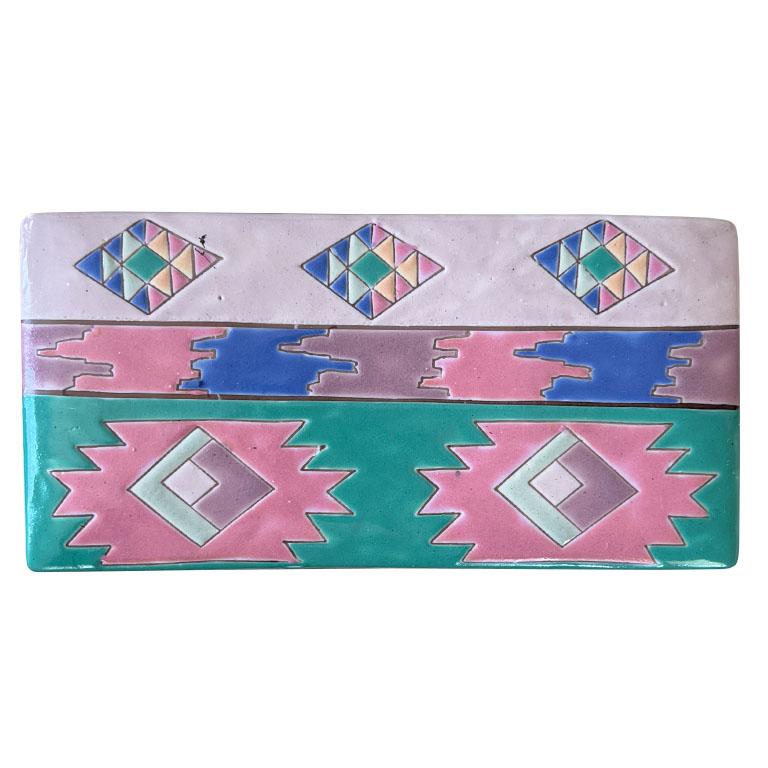 Macanese Geometric Southwest Rectangular Ceramic Box with Lid in Pink Blue and Green For Sale