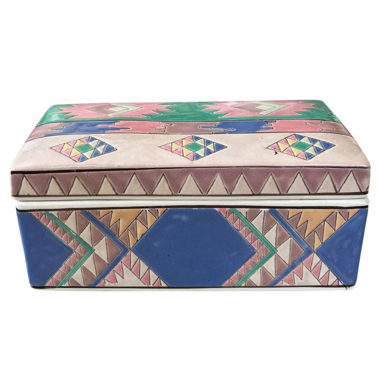 Geometric Southwest Rectangular Ceramic Box with Lid in Pink Blue and Green In Good Condition For Sale In Oklahoma City, OK
