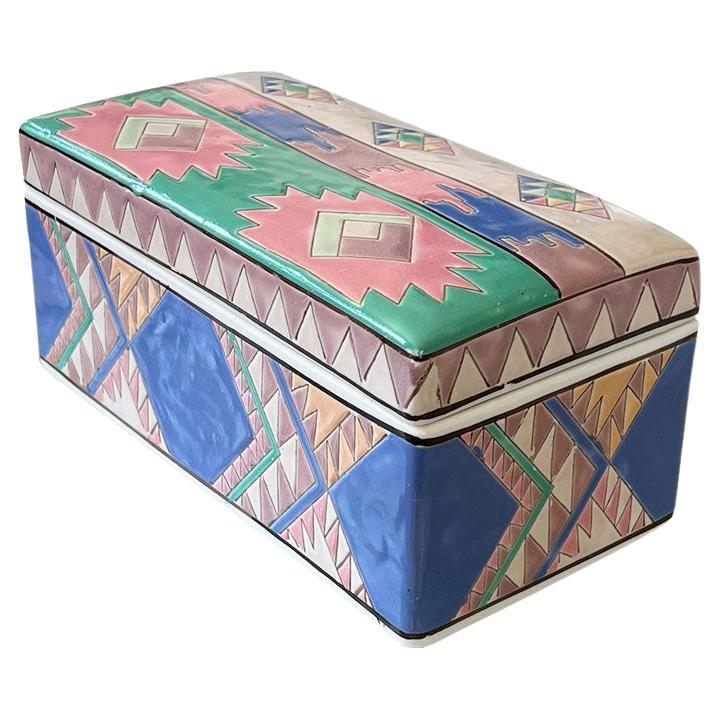 Geometric Southwest Rectangular Ceramic Box with Lid in Pink Blue and Green For Sale