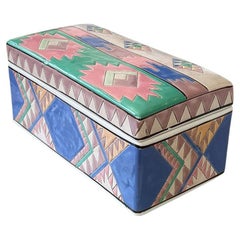 Geometric Southwest Rectangular Ceramic Box with Lid in Pink Blue and Green