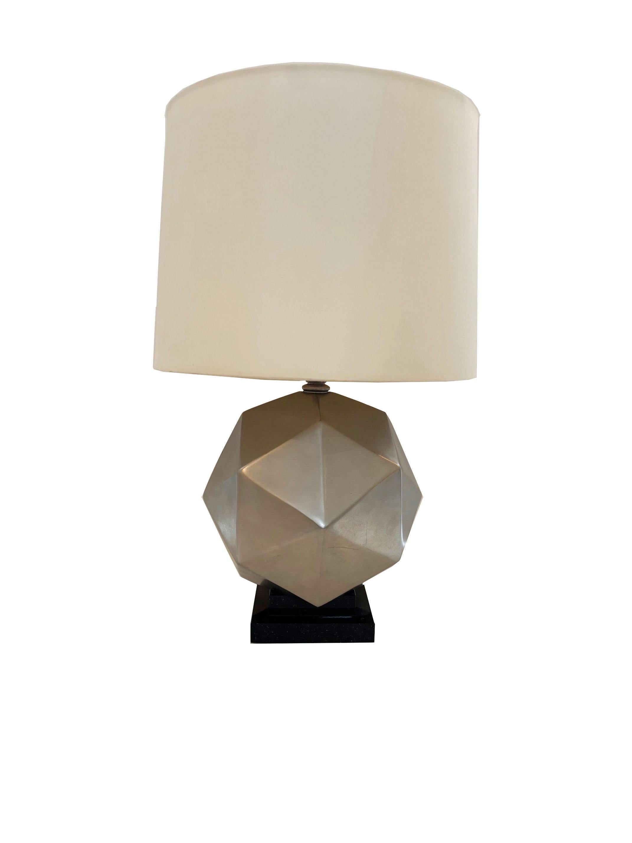 Metal Vintage Matte Nickle Plated Mounted on Black Granite Base Geometric Sphere Lamp For Sale