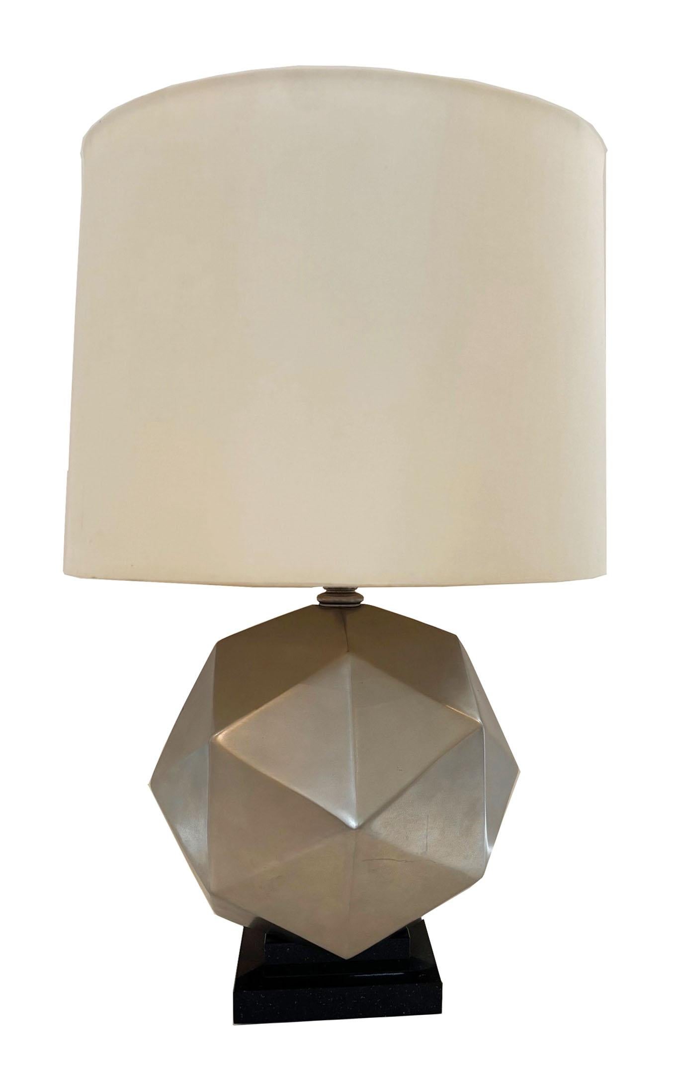 Vintage Matte Nickle Plated Mounted on Black Granite Base Geometric Sphere Lamp For Sale 2