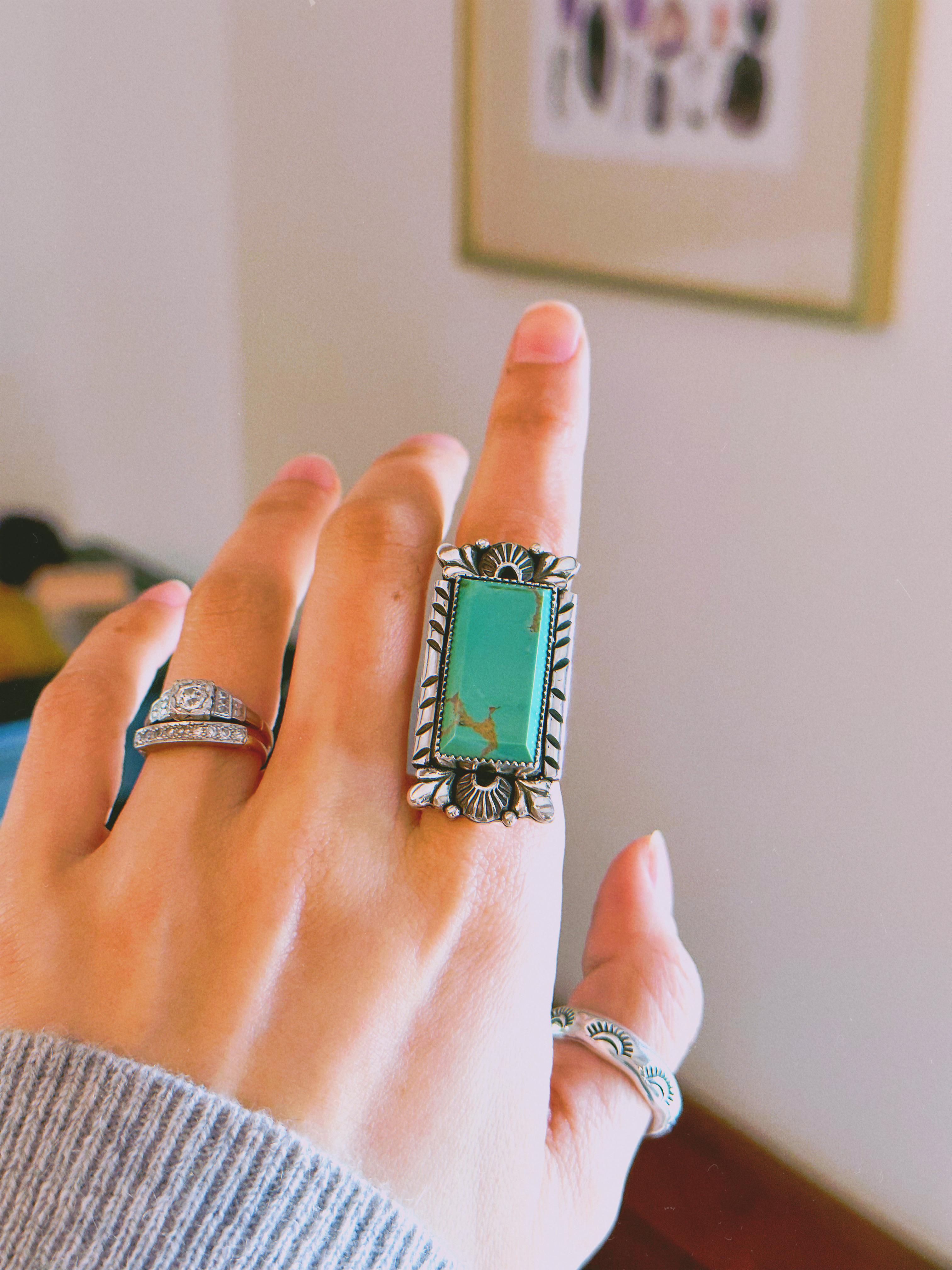 Statement-Ring aus feinem Silber und Sterlingsilber von Mina Maria in Türkis, handgefertigt (Art déco) im Angebot
