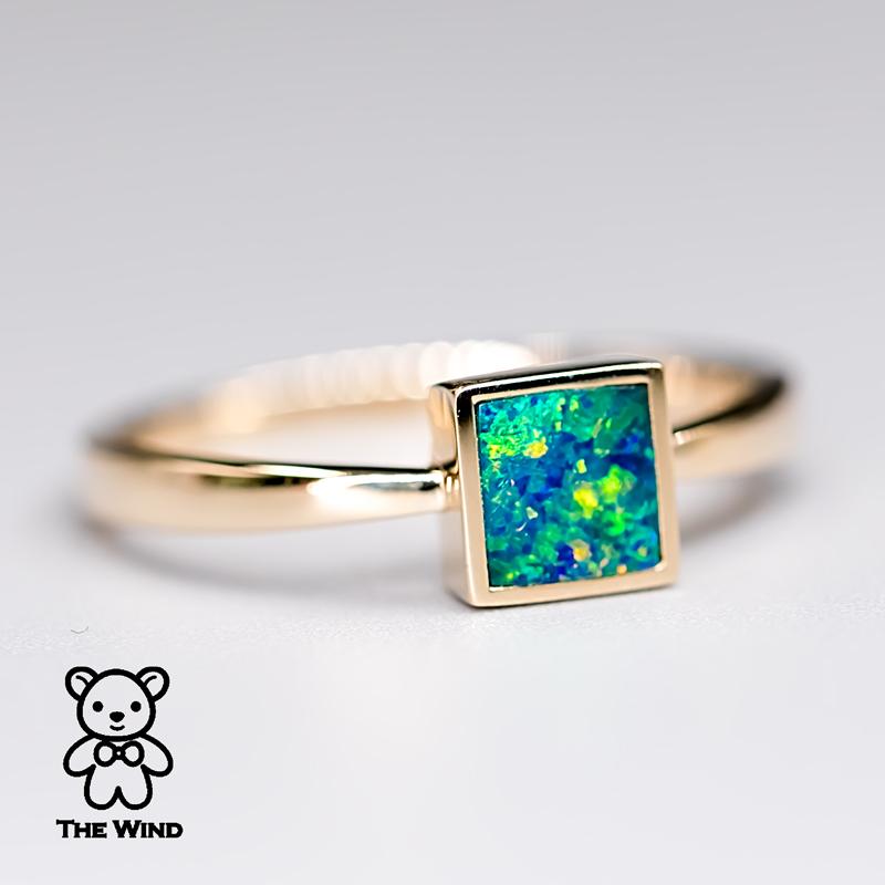 Brilliant Cut Geometric Square Shaped Australian Doublet Opal Ring 14K Yellow Gold For Sale