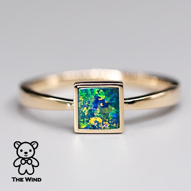 Geometric Square Shaped Australian Doublet Opal Ring 14K Yellow Gold In New Condition For Sale In Suwanee, GA