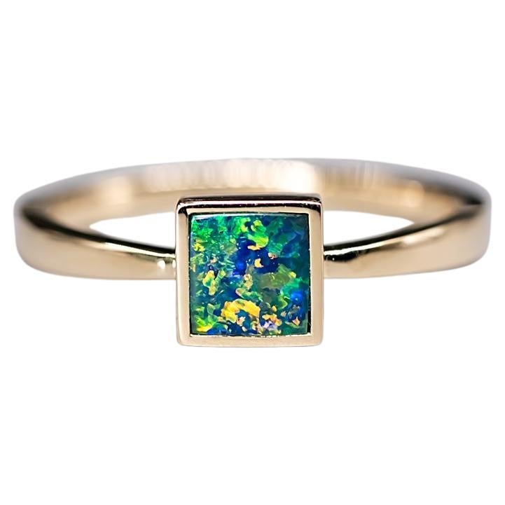 Geometric Square Shaped Australian Doublet Opal Ring 14K Yellow Gold For Sale