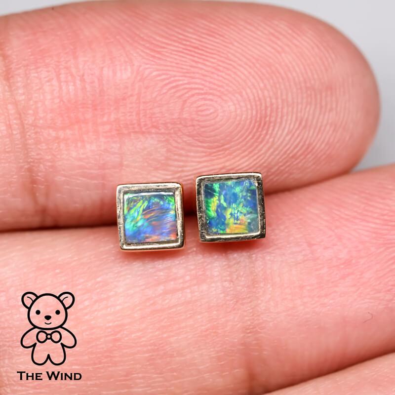 Arts and Crafts Geometric Square Shaped Australian Doublet Opal Stud Earrings 14K Yellow Gold For Sale
