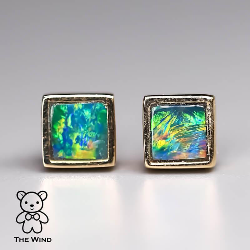 Clous d'oreilles en or jaune 14 carats avec opale doublet australienne de forme carrée géométrique Unisexe en vente