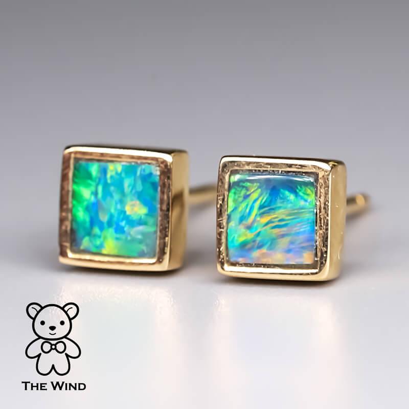 Geometric Square Shaped Australian Doublet Opal Stud Earrings 14K Yellow Gold For Sale 1