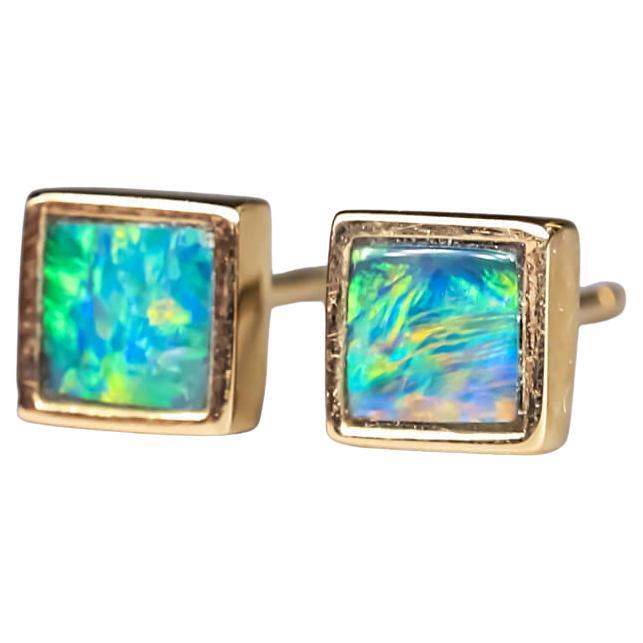 Geometric Square Shaped Australian Doublet Opal Stud Earrings 14K Yellow Gold For Sale