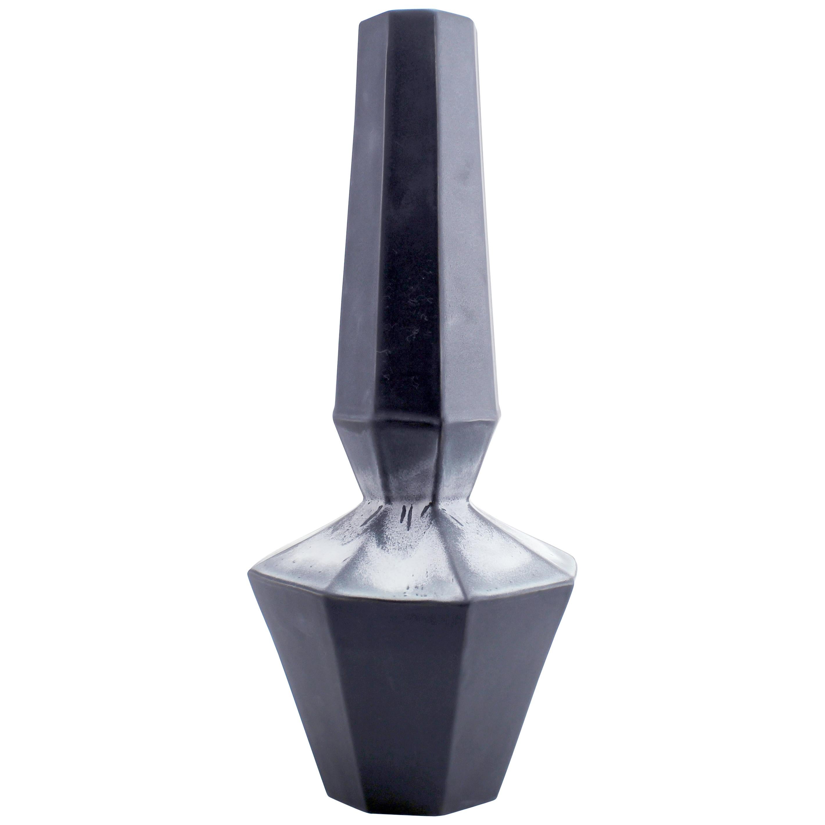 Geometric Statement Vase Ash Matte Black Faceted Porcelain Modern Minimal For Sale