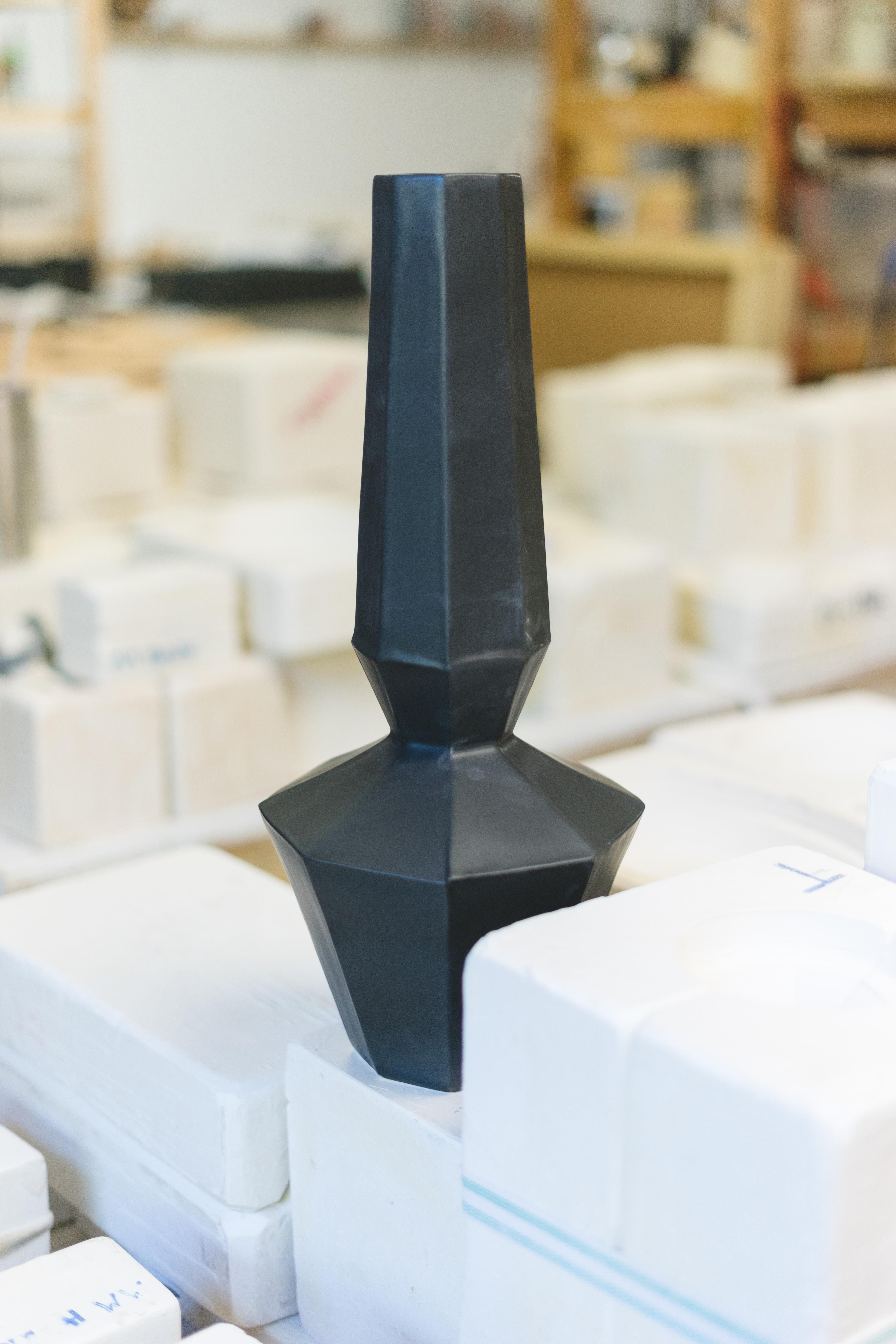 Mid-Century Modern Geometric Statement Vase Charcoal Matte Black Faceted Porcelain Modern Minimal For Sale