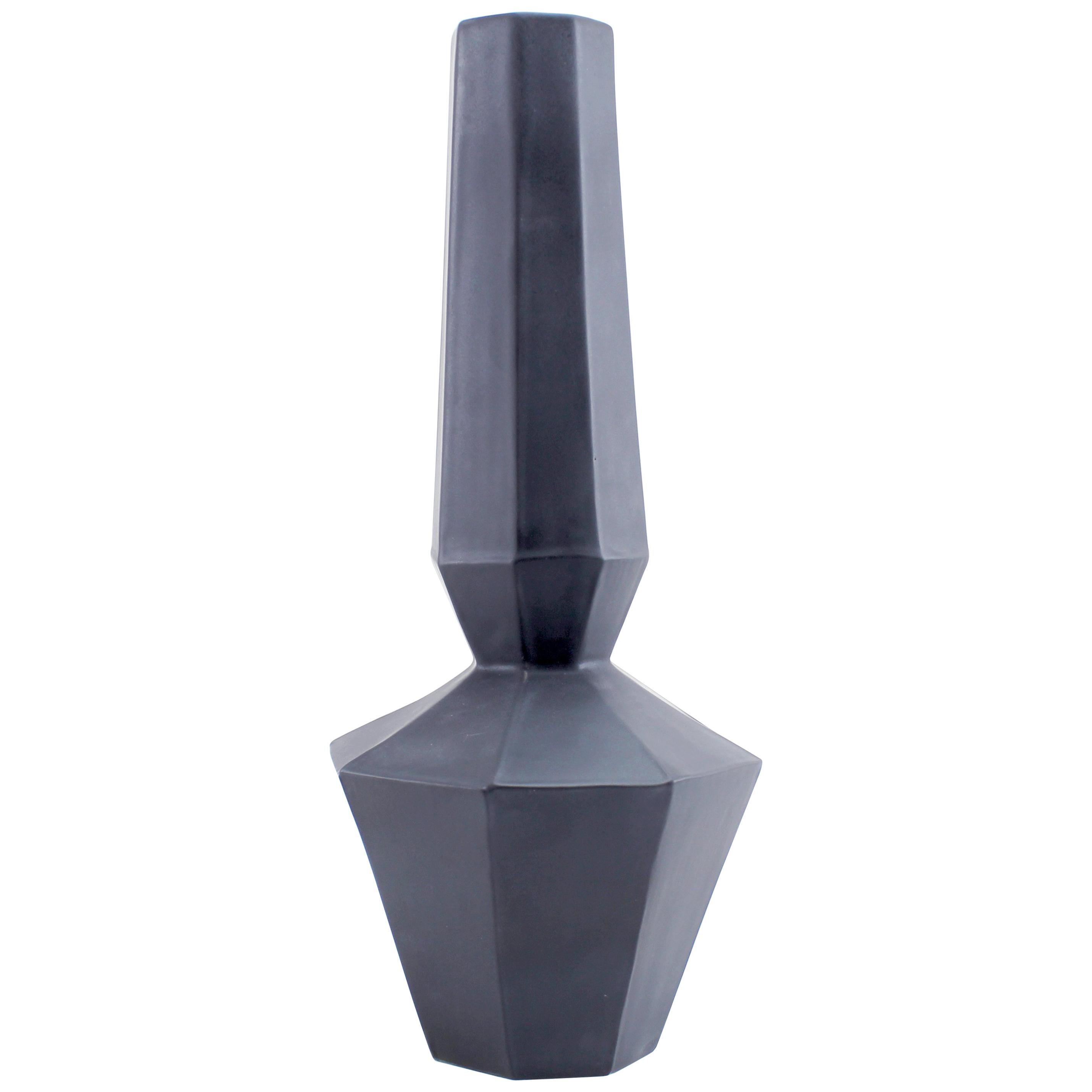 Geometric Statement Vase Charcoal Matte Black Faceted Porcelain Modern Minimal For Sale