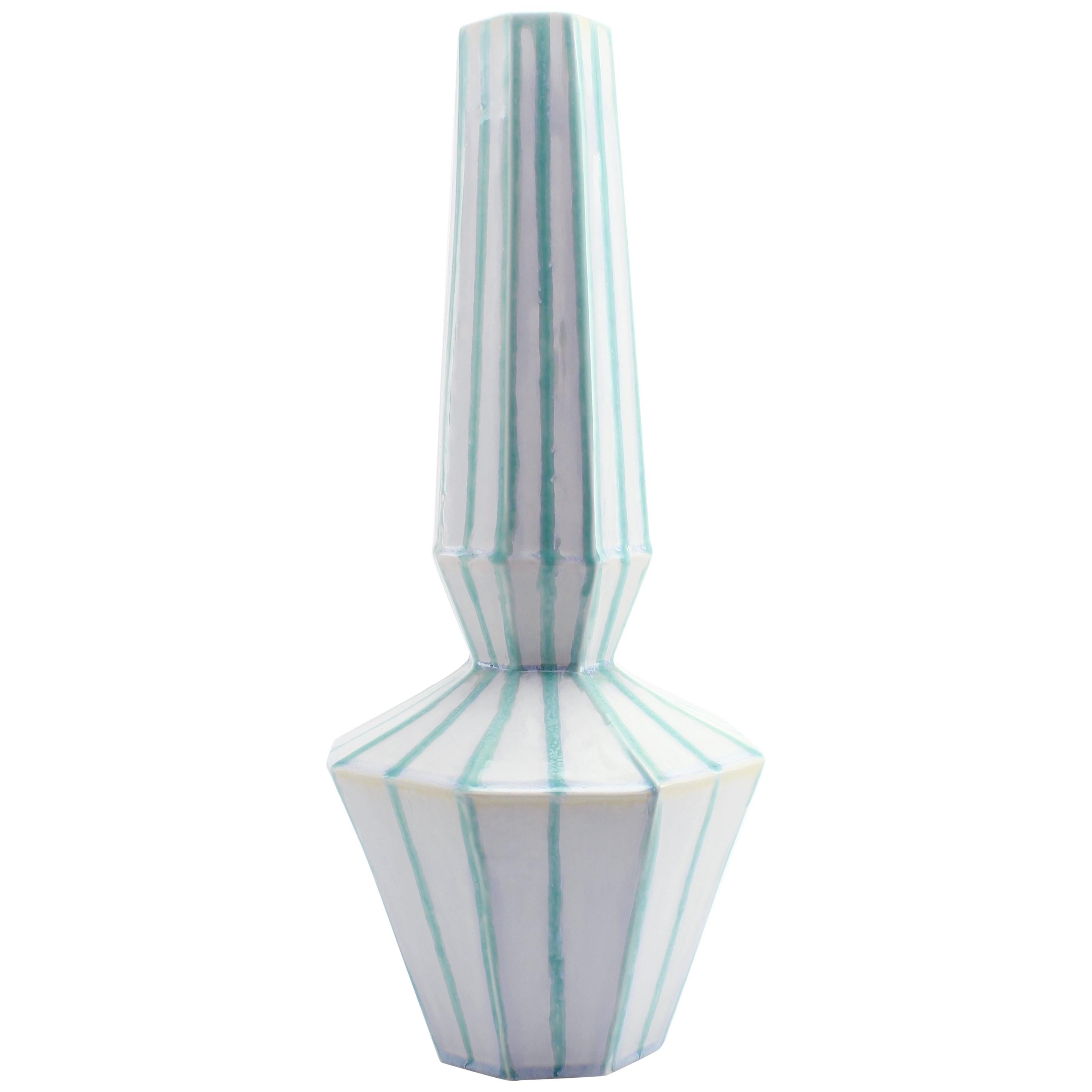 Geometric Statement Vase Green and White Stripes Faceted Porcelain Art Deco For Sale