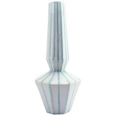 Geometric Statement Vase Green and White Stripes Faceted Porcelain Art Deco