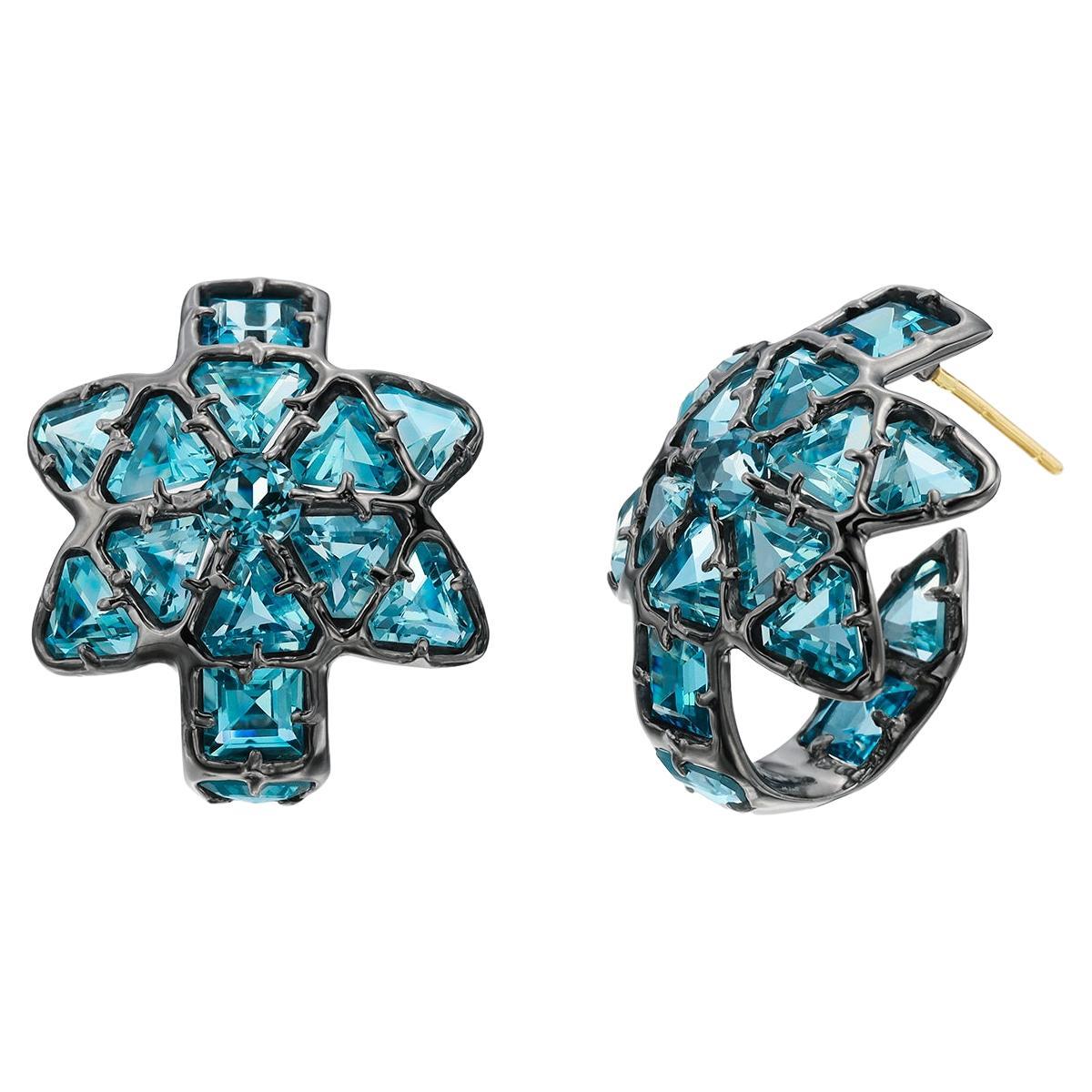 Geometric Sterling Silver Hoop Earrings with Blue Topaz For Sale