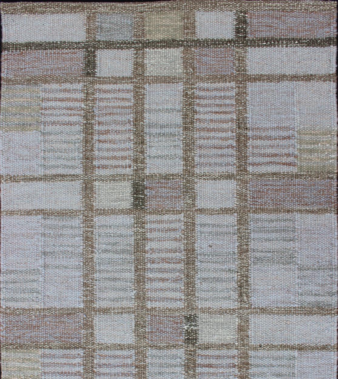 Hand-Woven Geometric Stripe Block Modern Scandinavian Flat-Weave Design Rug in Gray Tones For Sale