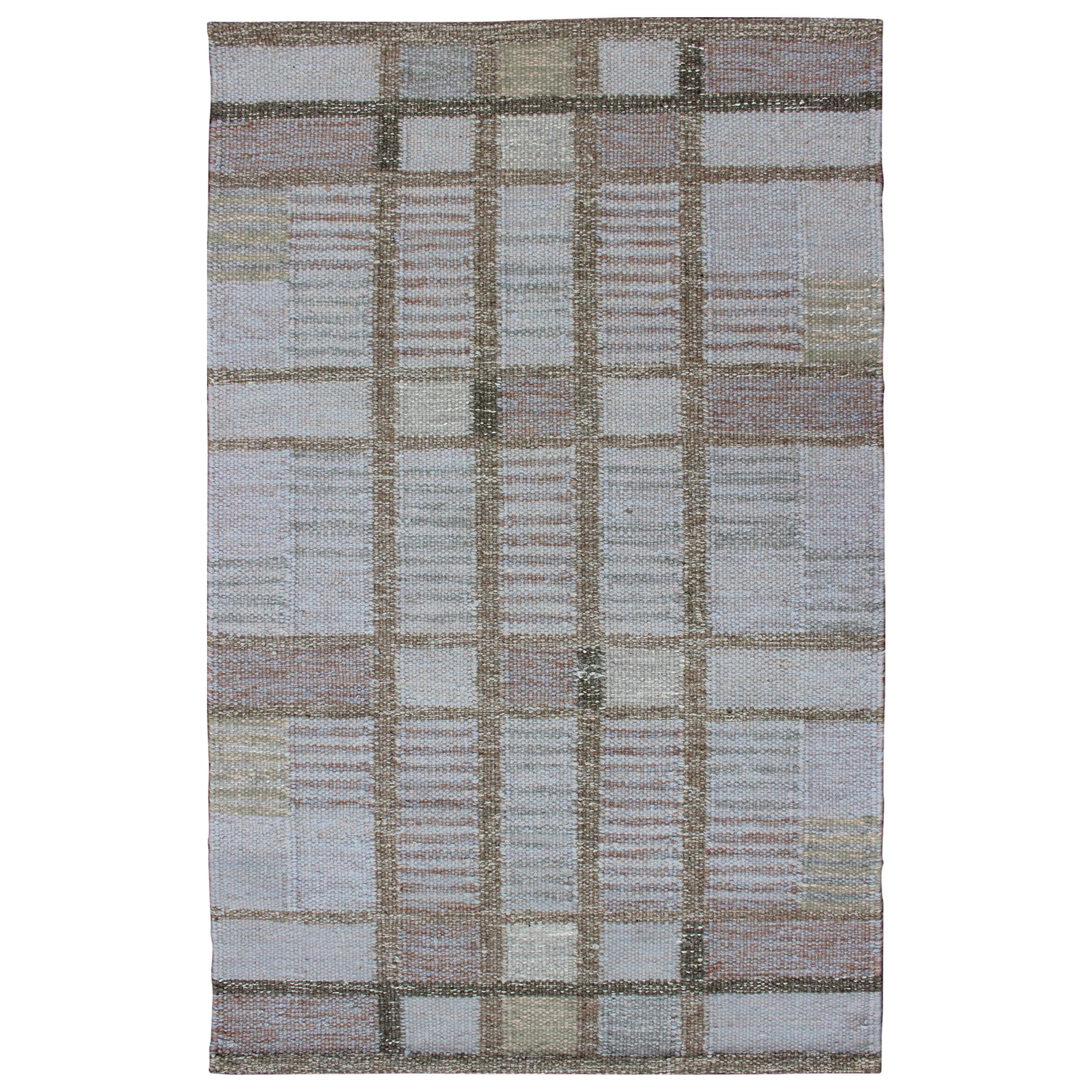 Geometric Stripe Block Modern Scandinavian Flat-Weave Design Rug in Gray Tones