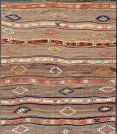 Geometric Stripe Design Turkish Vintage Kaysari Kilim Rug in Warm Earth Tones