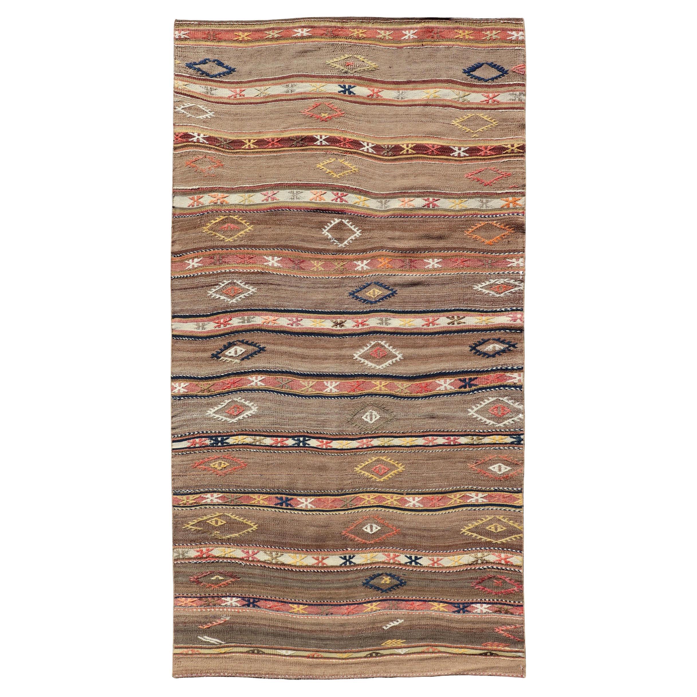 Geometric Stripe Design Turkish Vintage Kaysari Kilim Rug in Warm Earth Tones For Sale