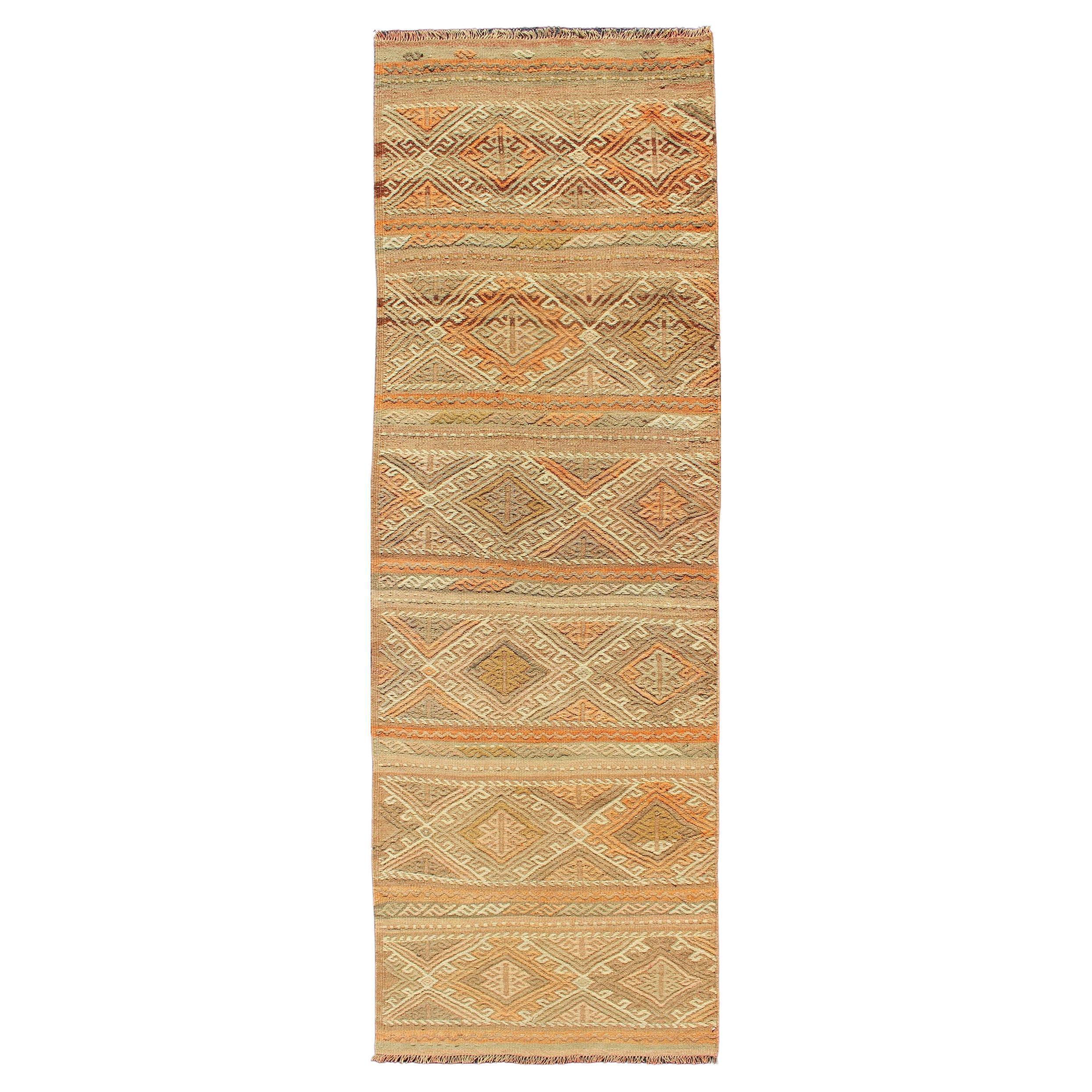 Geometrischer Streifen Vintage Turkish Kilim Flachgewebe Läufer in Erdtönen 3
 x 9
1