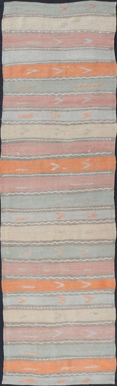 Geometric Stripe Retro Turkish Kilim Flat-Weave Runner in Multi Color